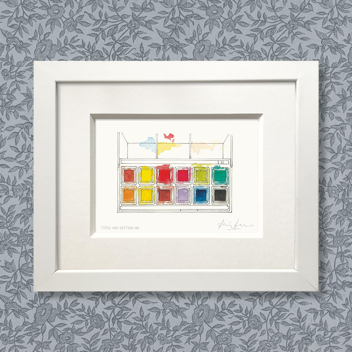 Limited edition print from pen, ink and watercolour sketch of a paint box in a white frame
