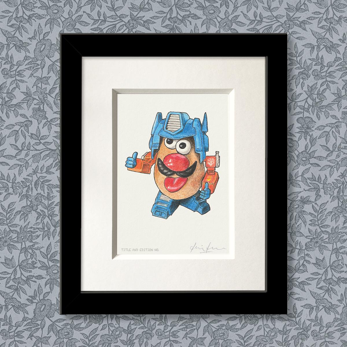 Limited edition print from a pen, ink and coloured pencil drawing of the Mr Potatohead toy dressed as Optimus Prime in a black frame
