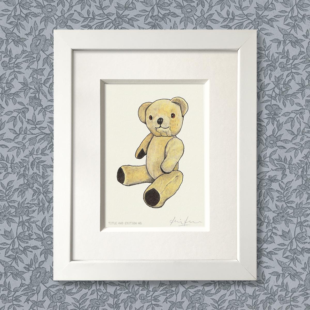 Limited edition print from a pen, ink and coloured pencil drawing of a Teddy Bear in a white frame