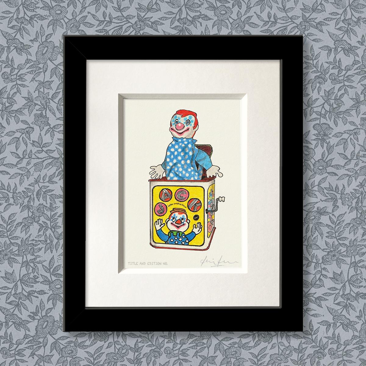 Limited edition print from a pen, ink and coloured pencil drawing of a Jack in the Box in a black frame