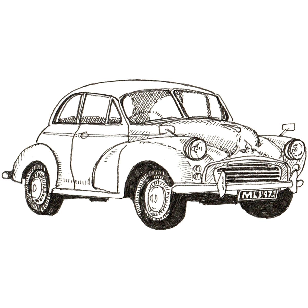 Limited edition print from pen and ink drawing of a Morris Minor