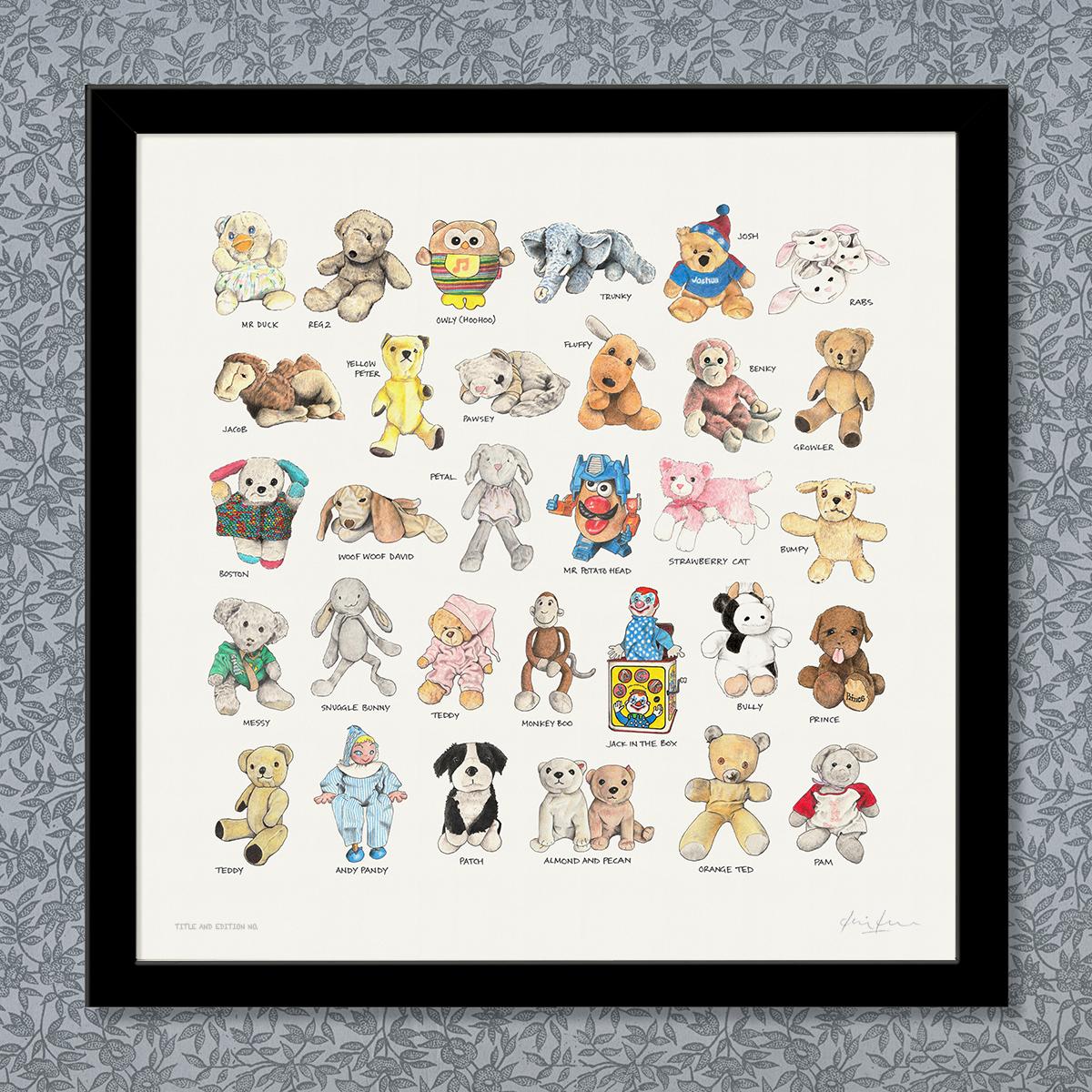 Limited edition montage print of sketches in pen, ink and coloured pencil of much loved toys, in black frame.