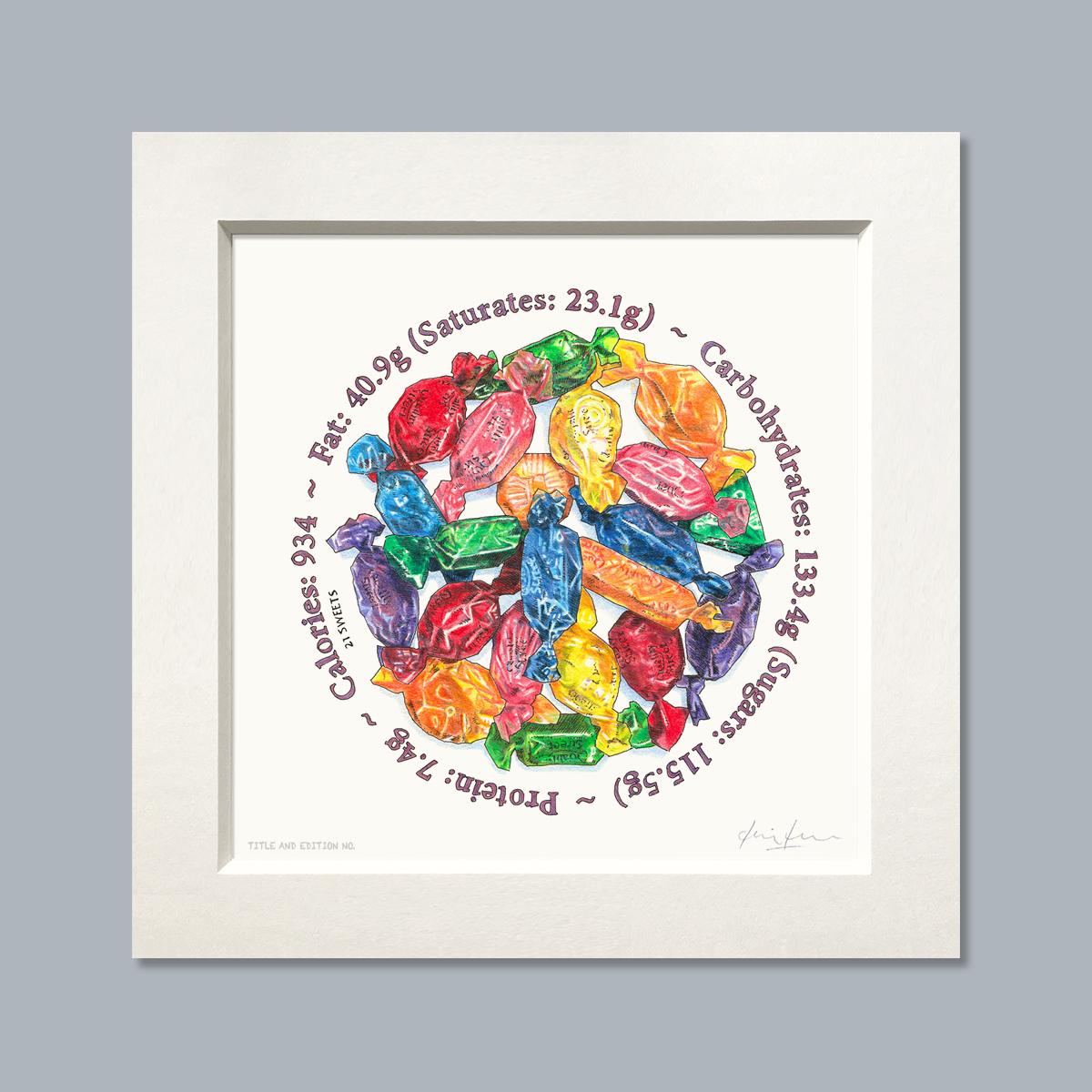 Limited edition print of coloured drawing of a pile of Quality Street chocolates, in a white mount.