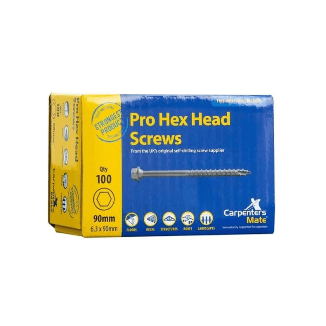 90mm Carpenters Mate Pro Hex Head Screws 100 Pack
