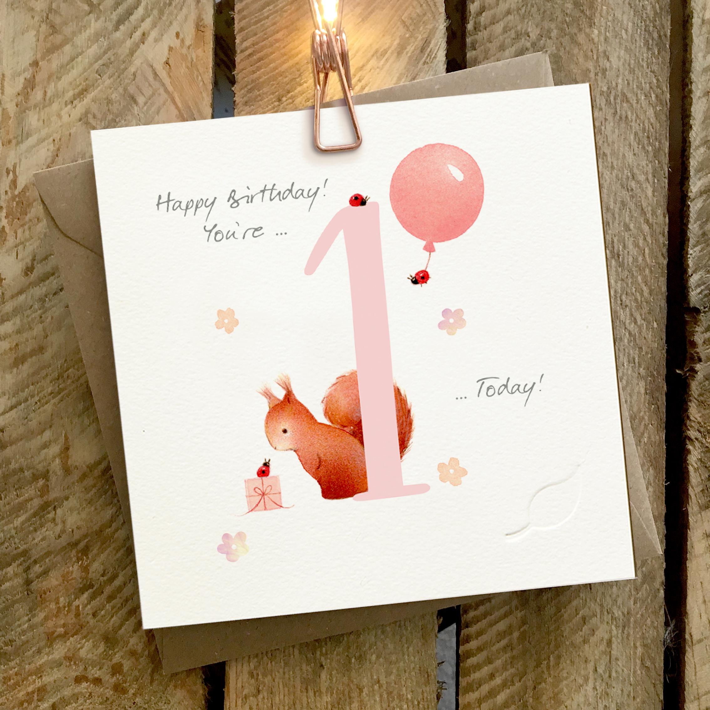 Card featuring a squirrel and a ladybird with a large pink number 1