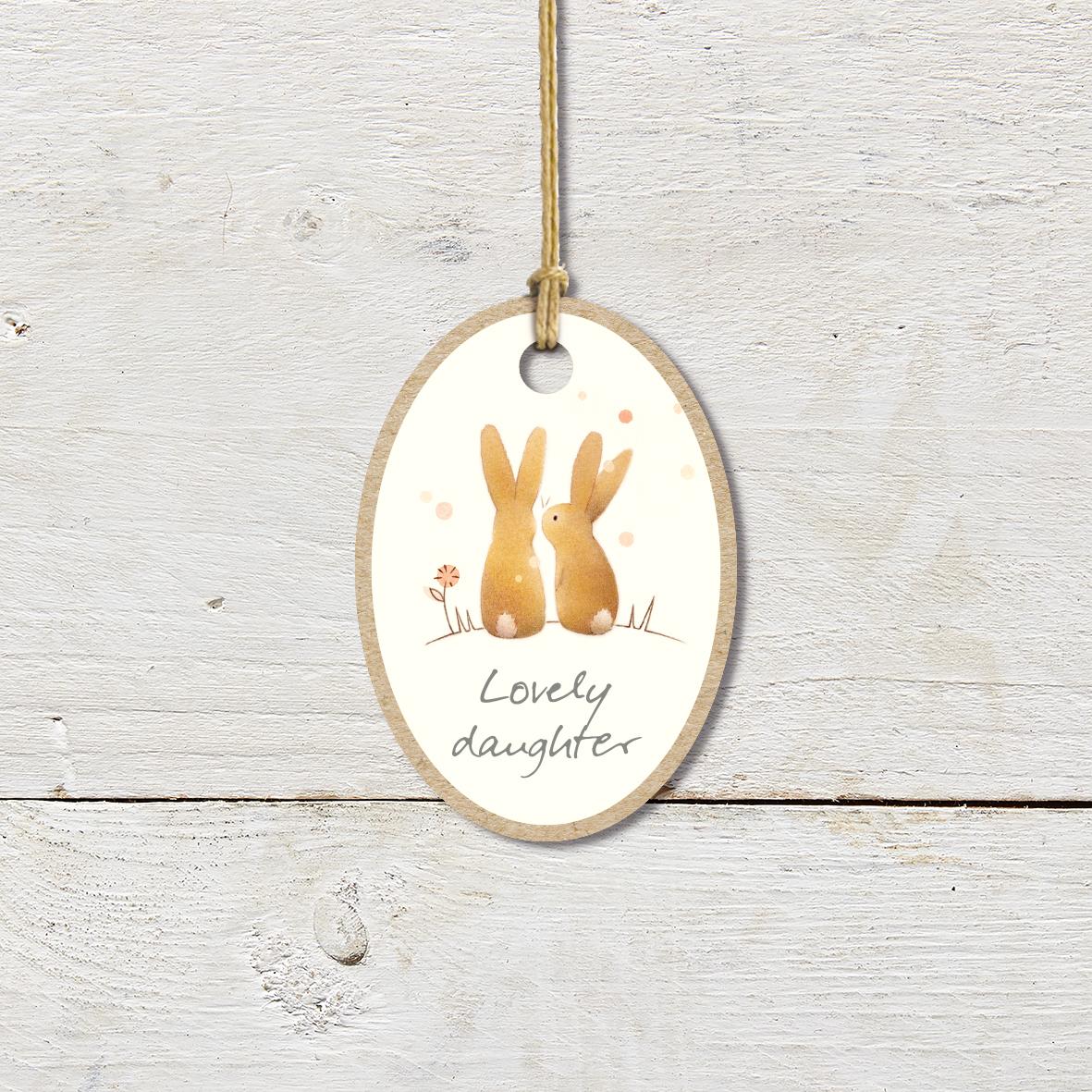Small Wooden Keepsake Plaque/Tag featuring two cute rabbits with a ’Lovely Daughter’ caption.