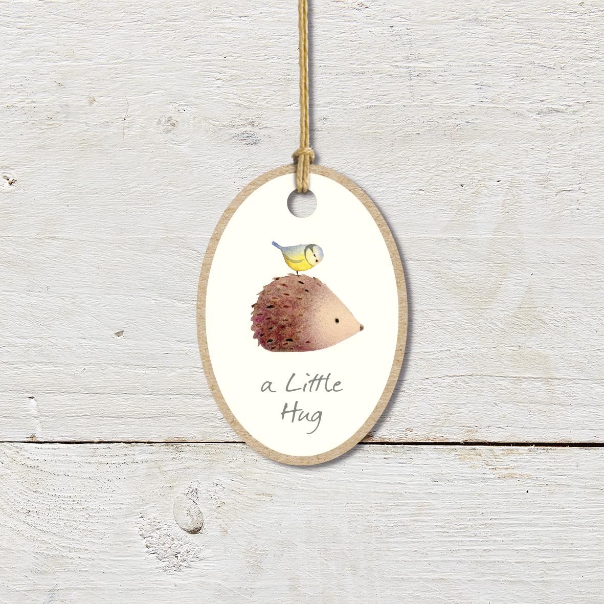 Small Wooden Keepsake Plaque/Tag featuring a cute hedgehog and blue tit with a ’A Little Hug’ caption.