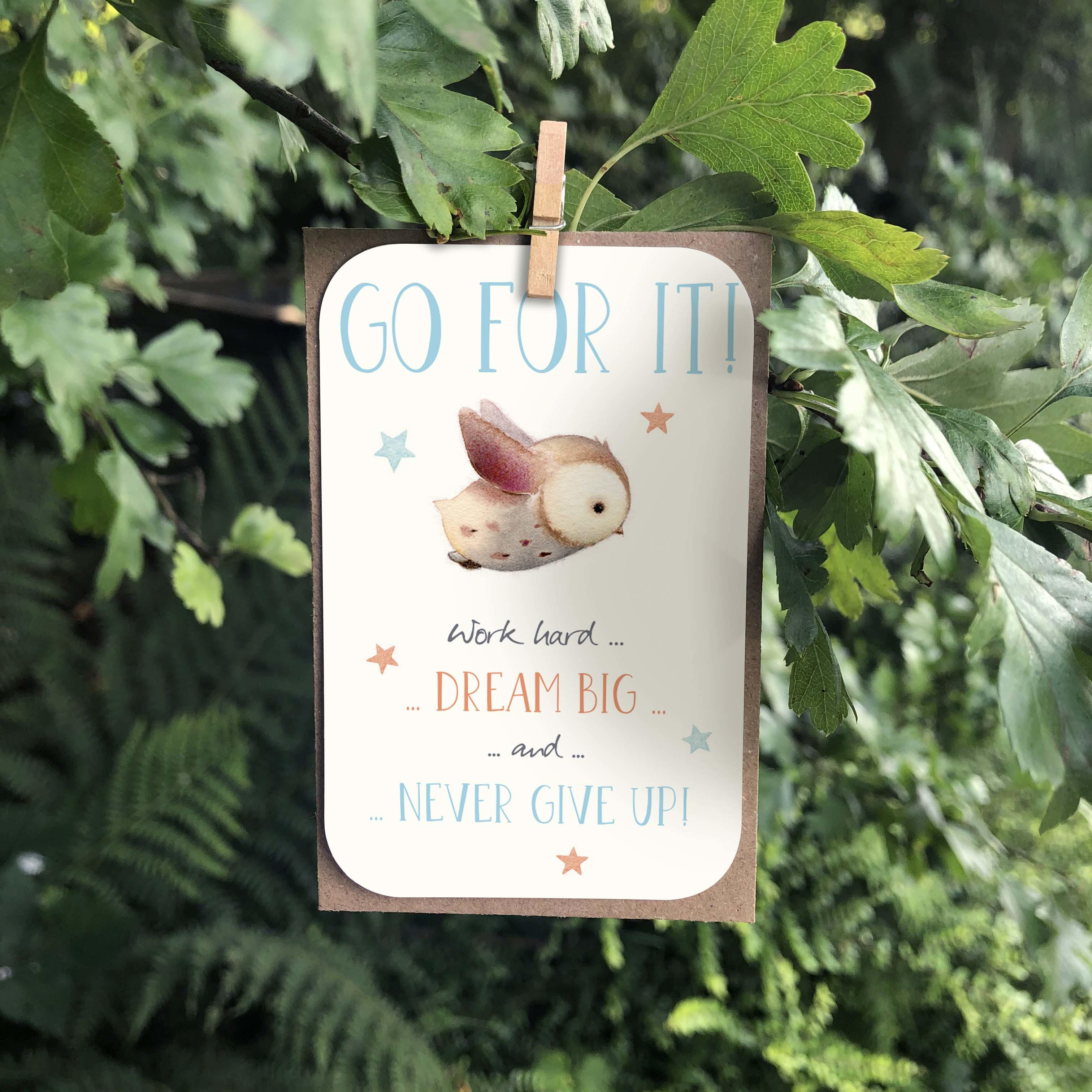 A small keepsake card with a “Go For It!” positive caption. Features an illustrated cute flying owl.