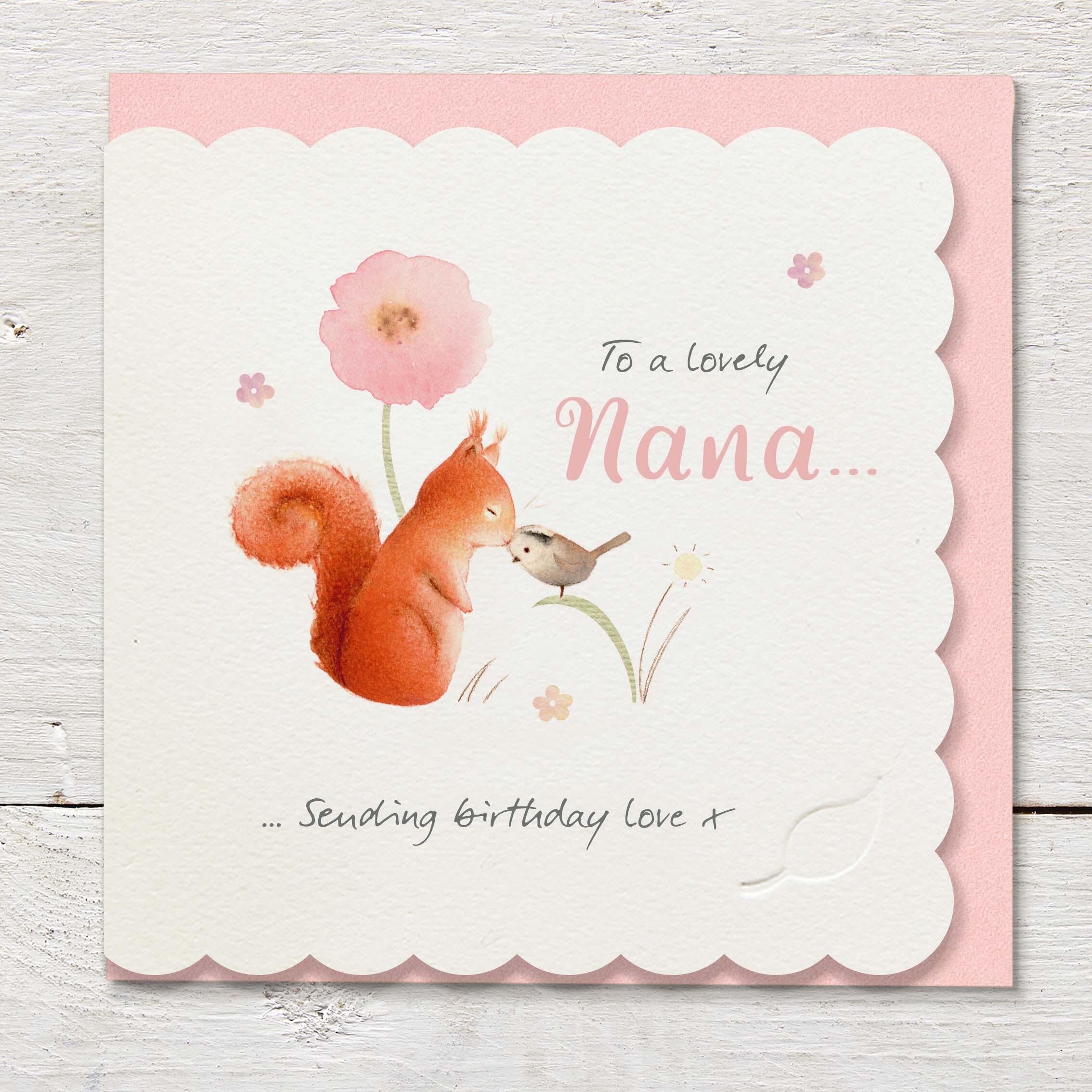Die cut cardfeaturing a little bird and a squirrel with a pink flower.