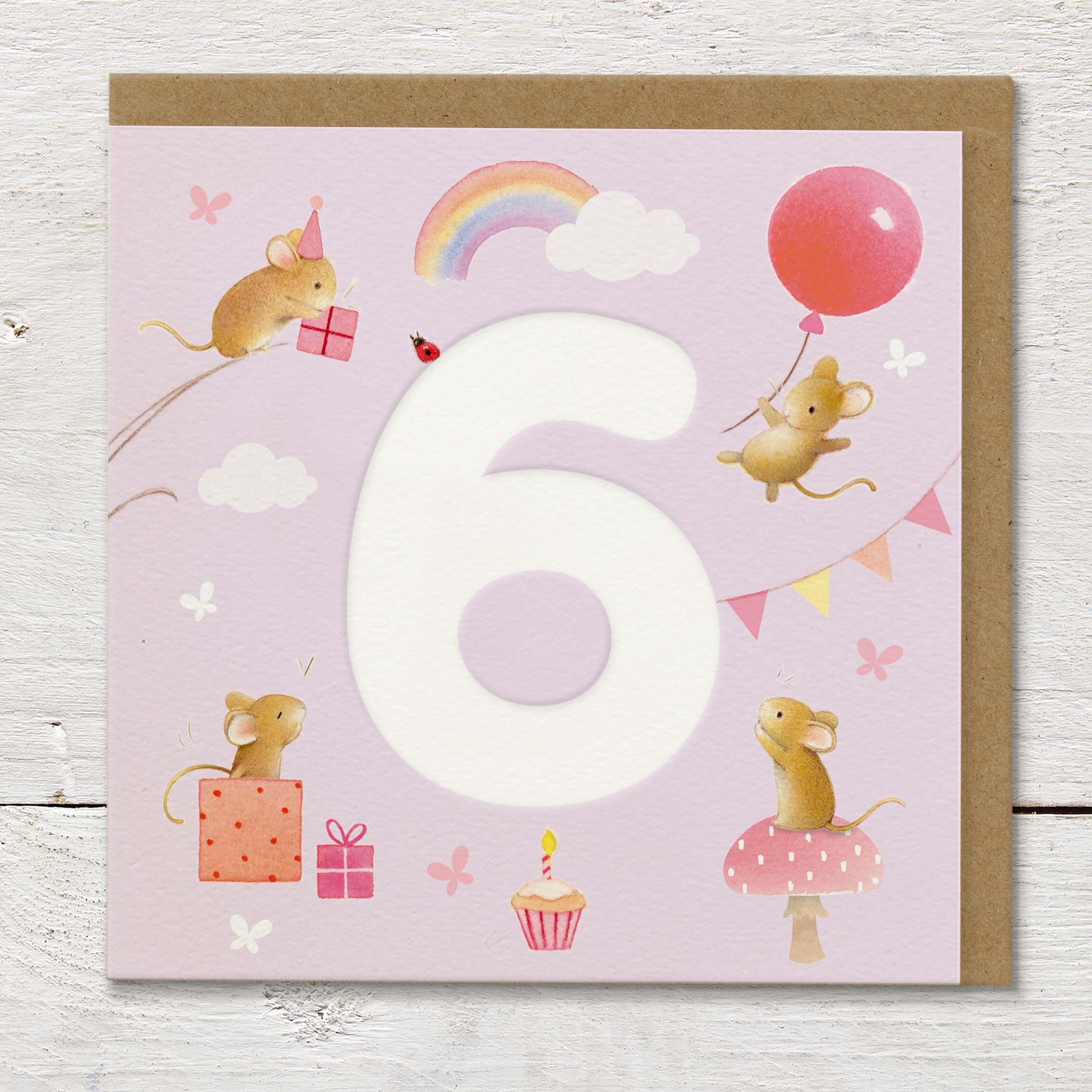Children's age card featuring a large debossed age 6 surrounded by cute mice and party elements on a pale lilac background.