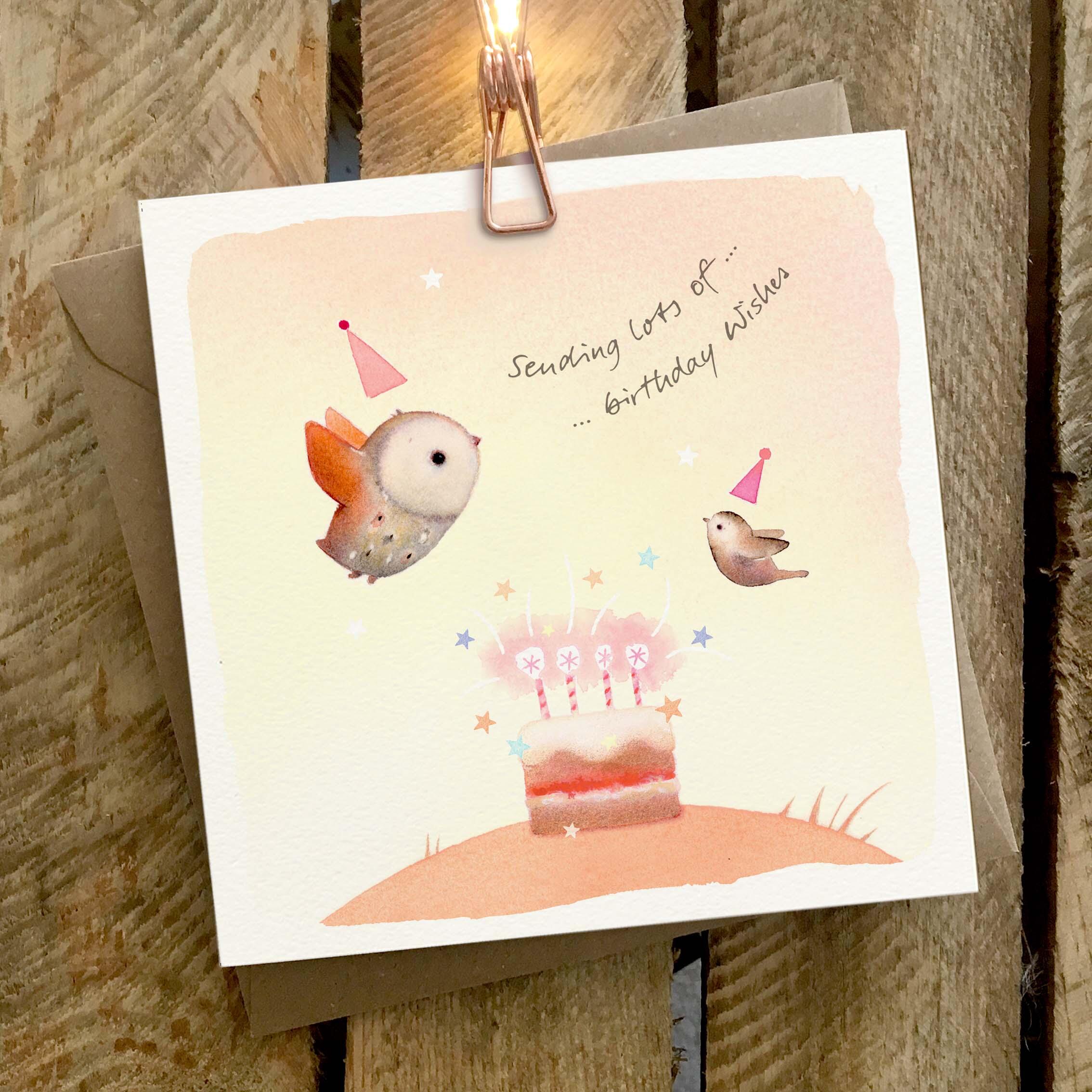 Greetings card featuring Owl, bird and birthday cake.