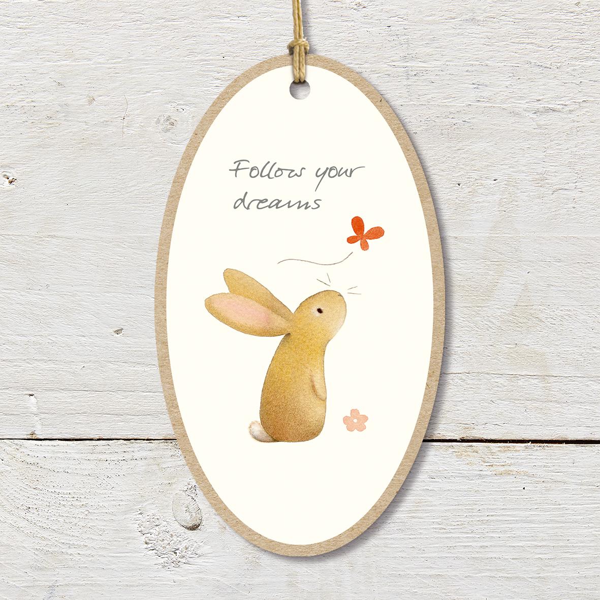 Large Wooden Plaque featuring a cute rabbit and butterfly with a ’Follow Your Dreams’ caption.