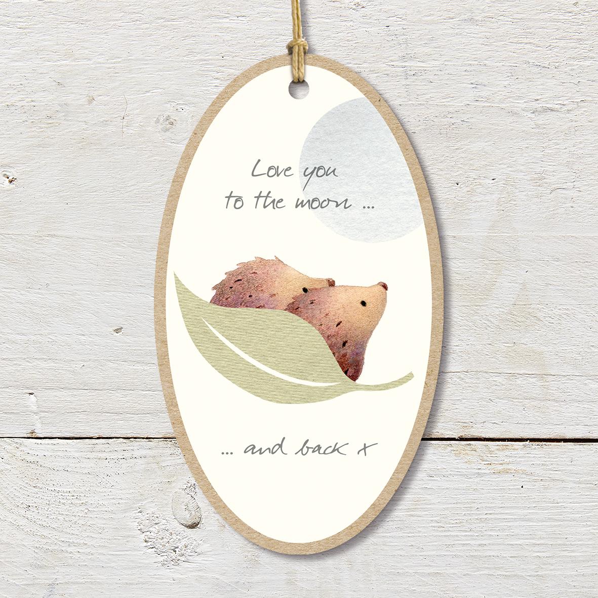 Large Wooden Plaque featuring two cute hedgehogs floating on a large leaf with a ’Love you to the moon… and back X caption.