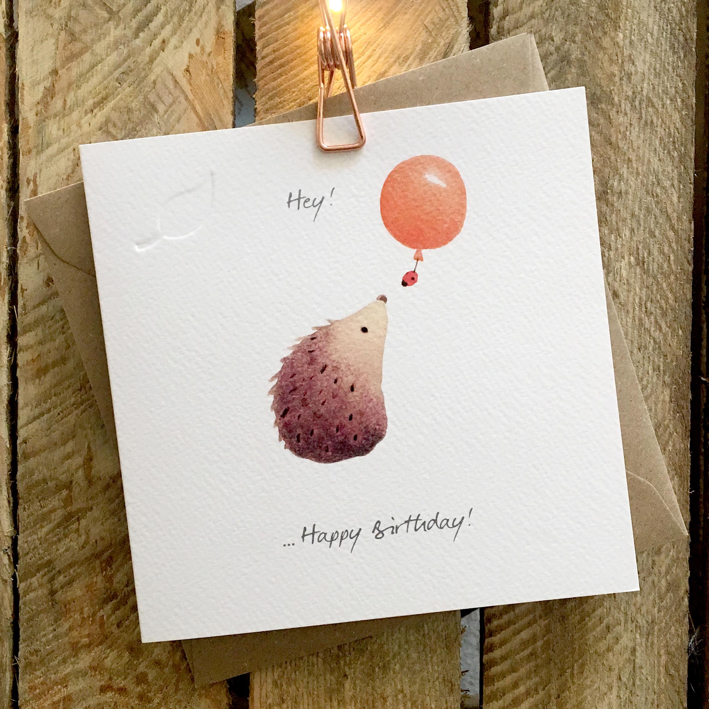 Card featuring cute hedgehog with balloon.