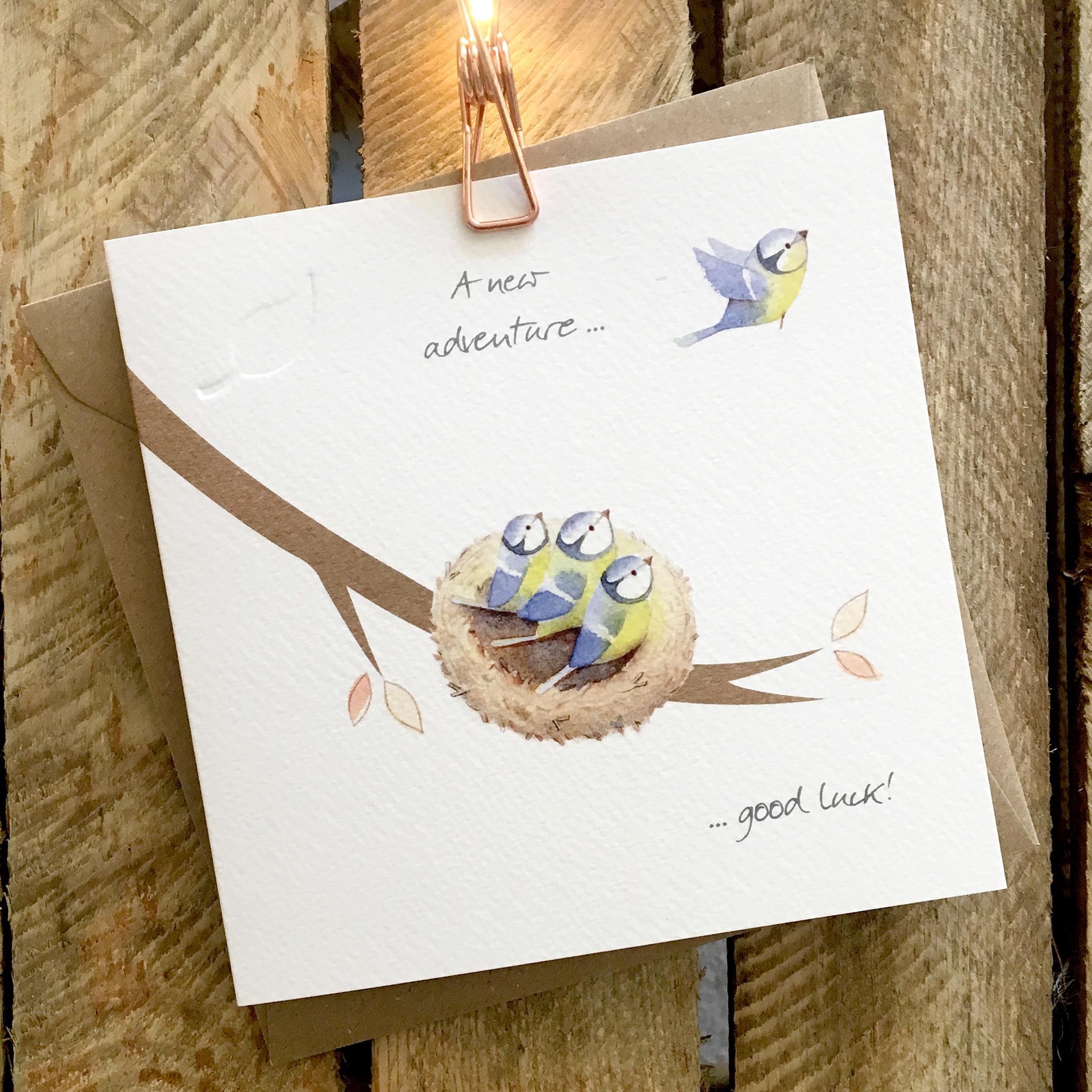 Card featuring cute blue tits flying their cosy nest