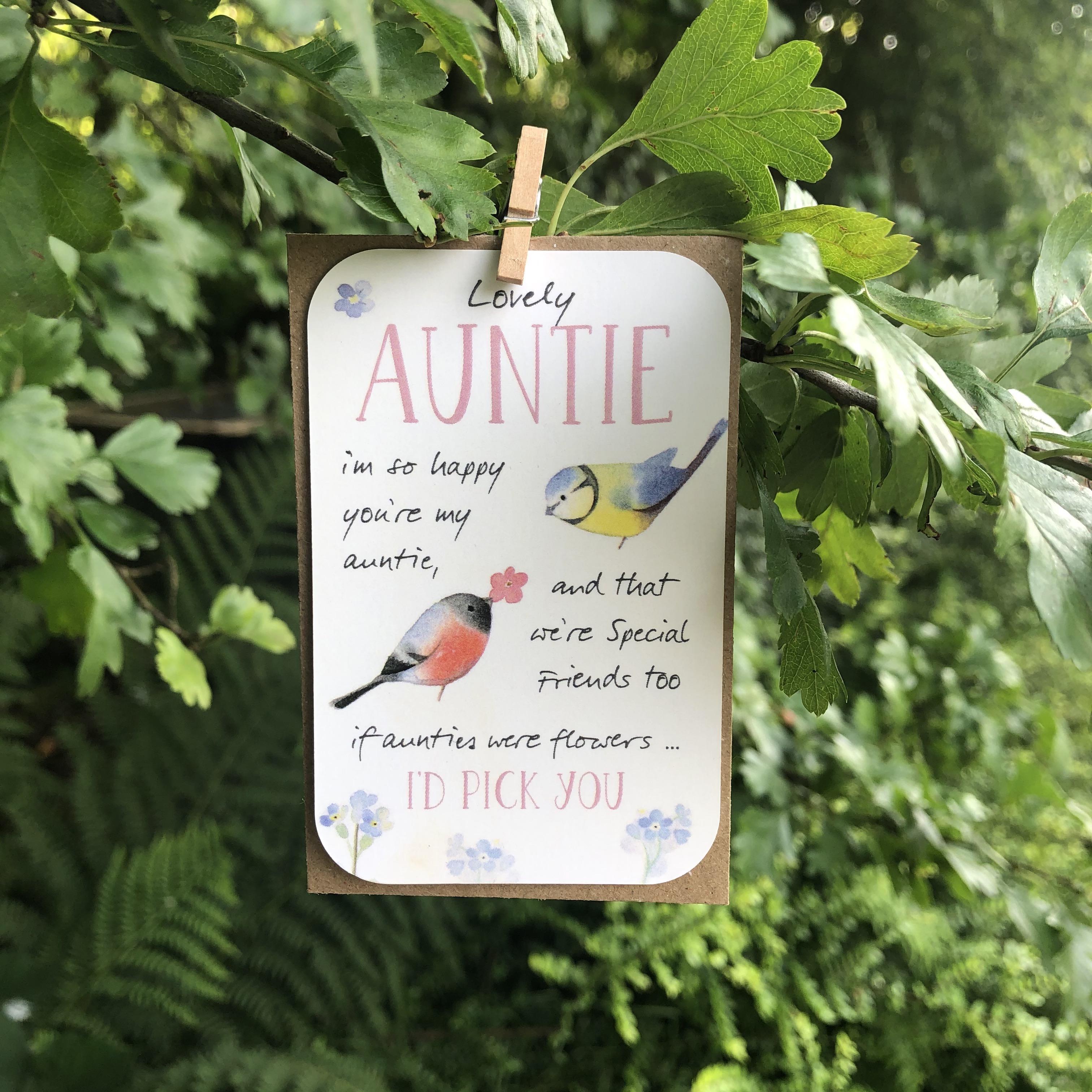A small keepsake card with a 'Auntie' caption, and lovely little verse