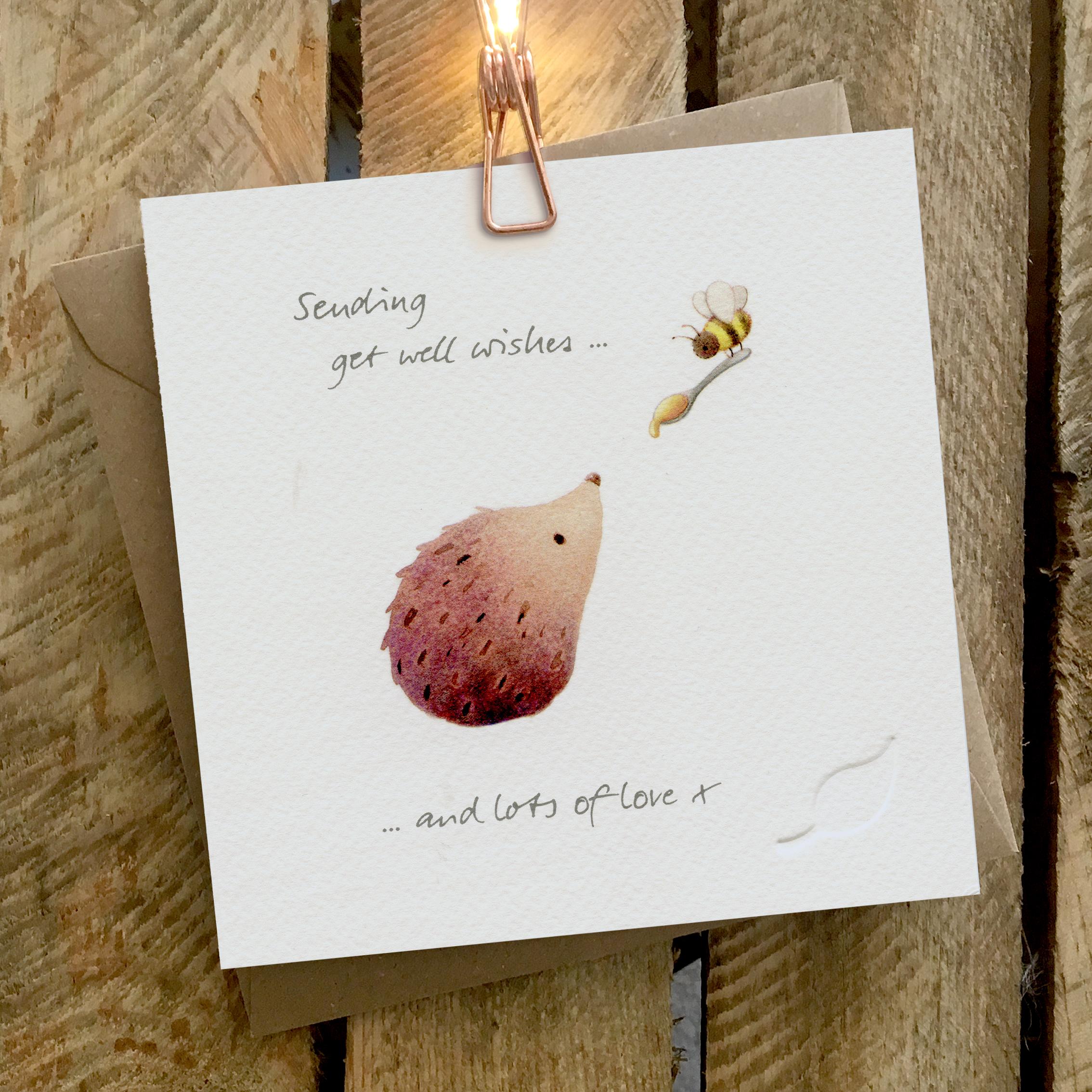 Get Well Card featuring a Bee spoon-feeding a Hedgehog