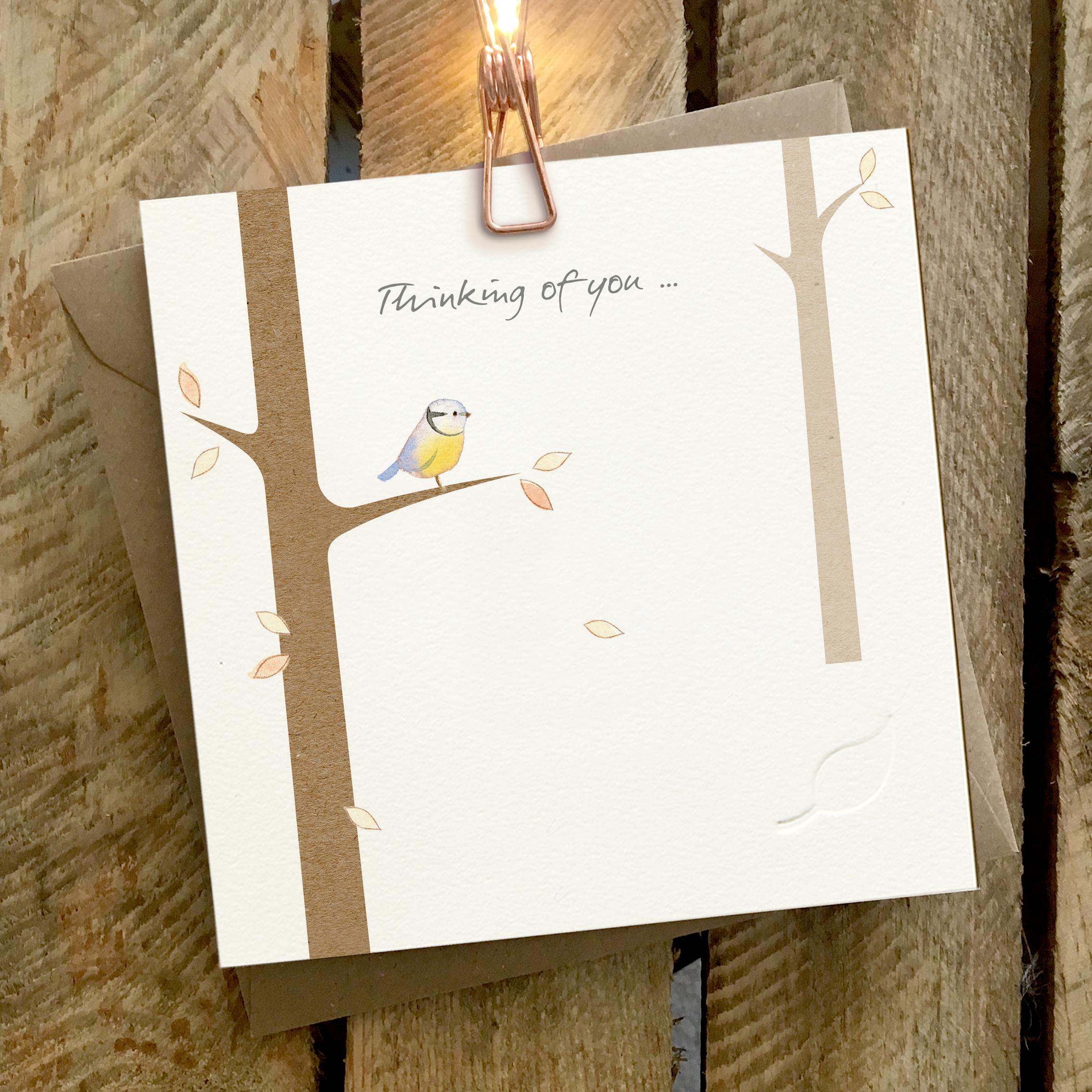 Card featuring a blue tit sitting alone in a tree