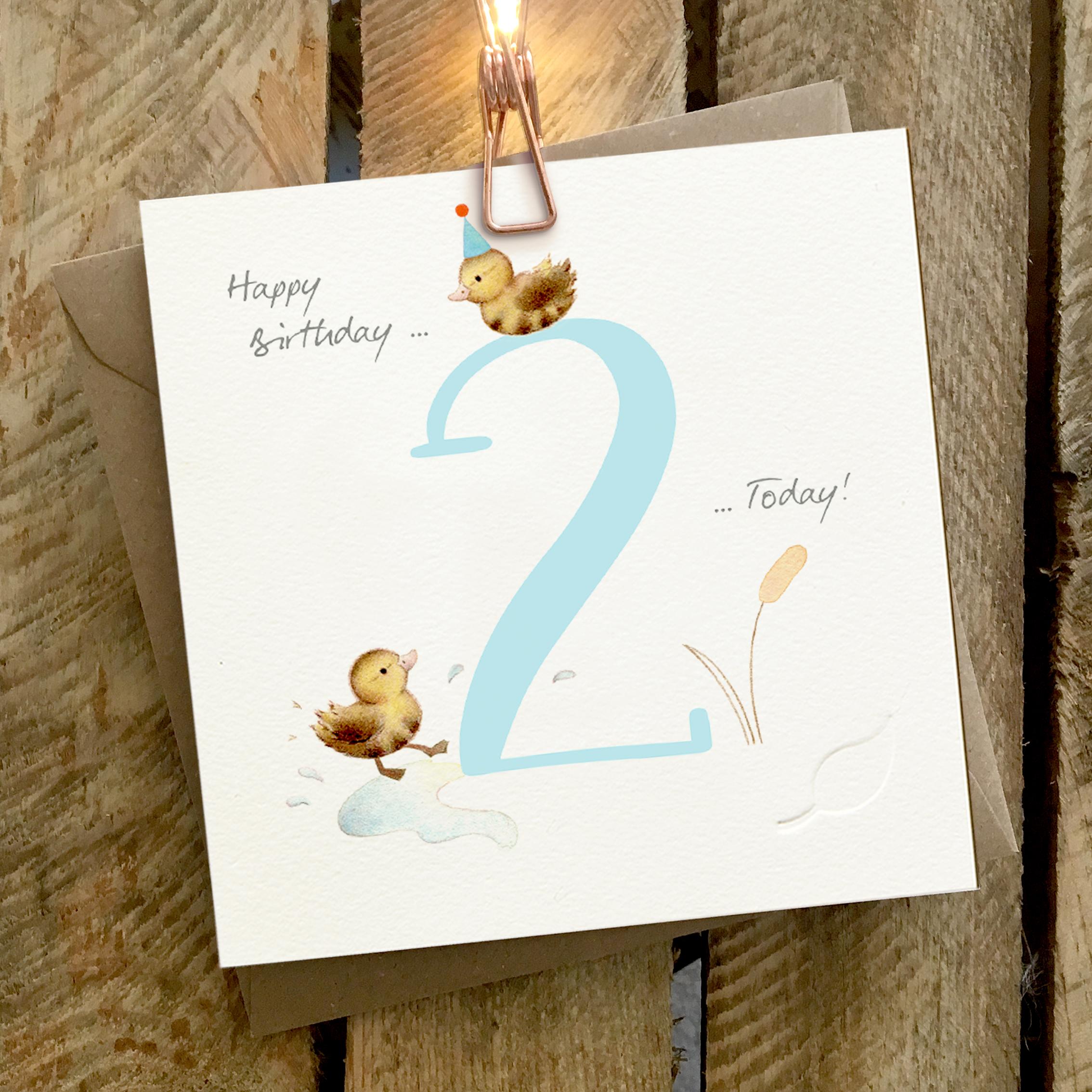 Card featuring two little ducklings with a large blue number