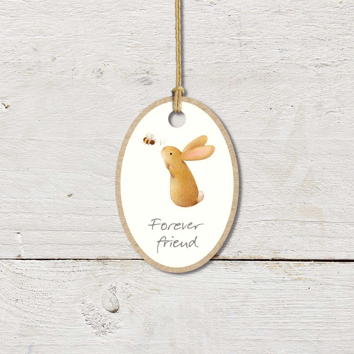 Small Wooden Keepsake Plaque/Tag featuring a cute rabbit and bee with a ’Forever Friend’ caption.