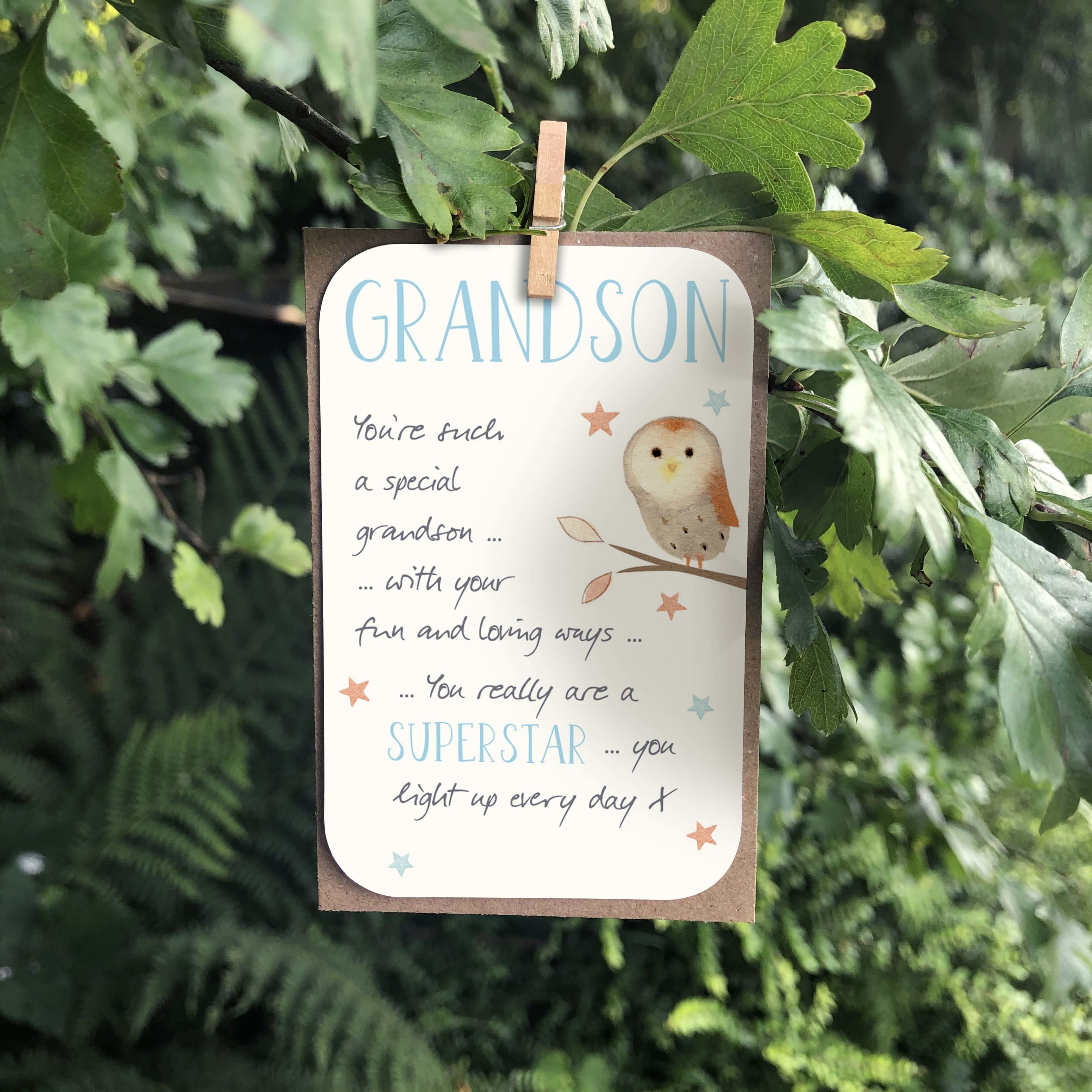 A small keepsake card with a lovely “Grandson” caption and message, features an illustration of a cute owl sitting in a tree.