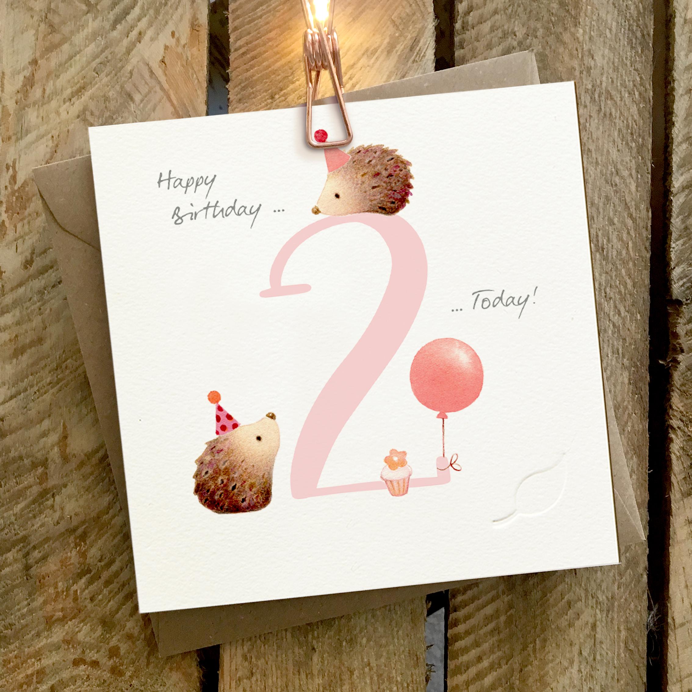 Card featuring two little hedgehogs with a large pink number 2