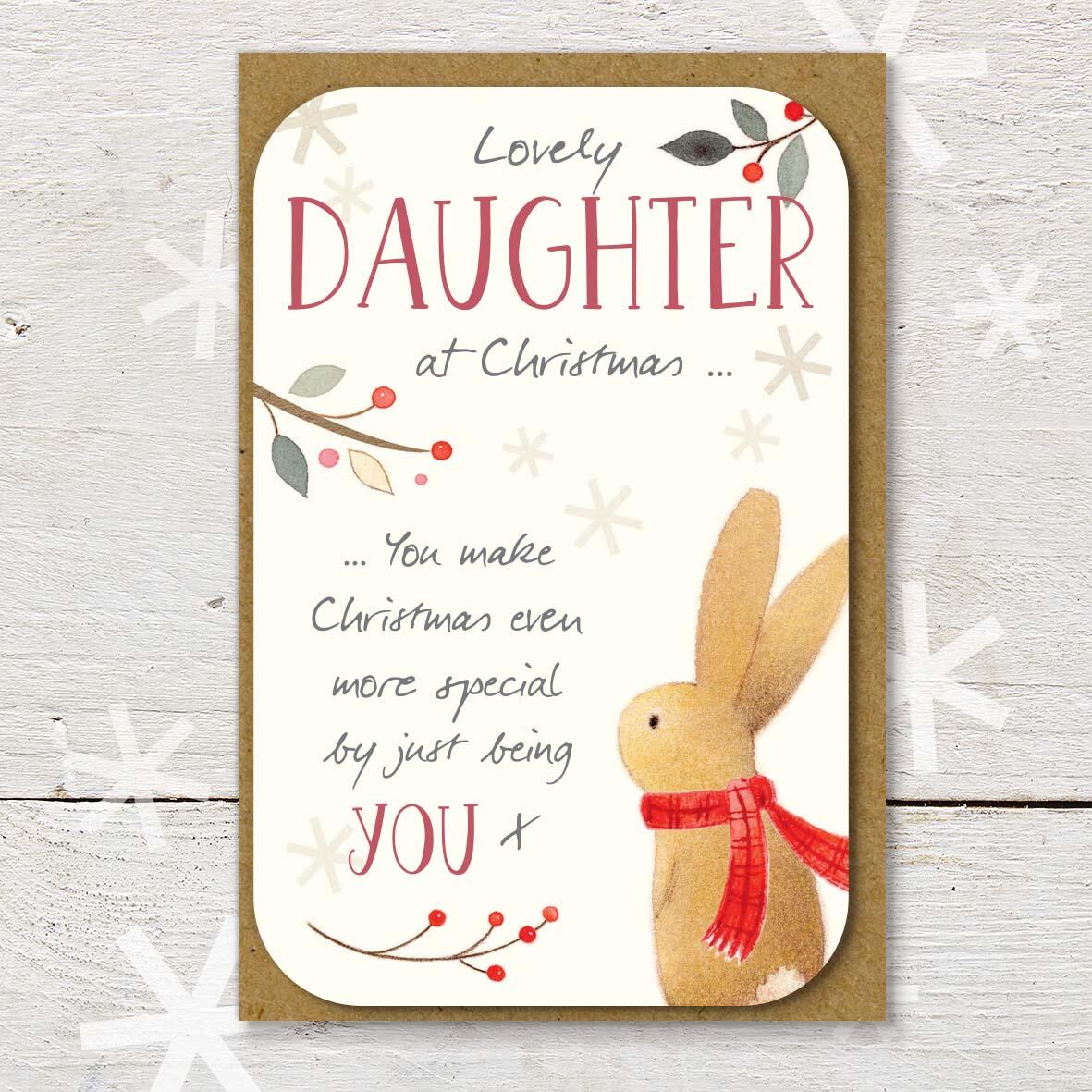 Christmas keepsake card with a ‘Lovely Daughter at Christmas’ caption, featuring a cute rabbit wearing a woolly hat and a lovely little Christmas verse.