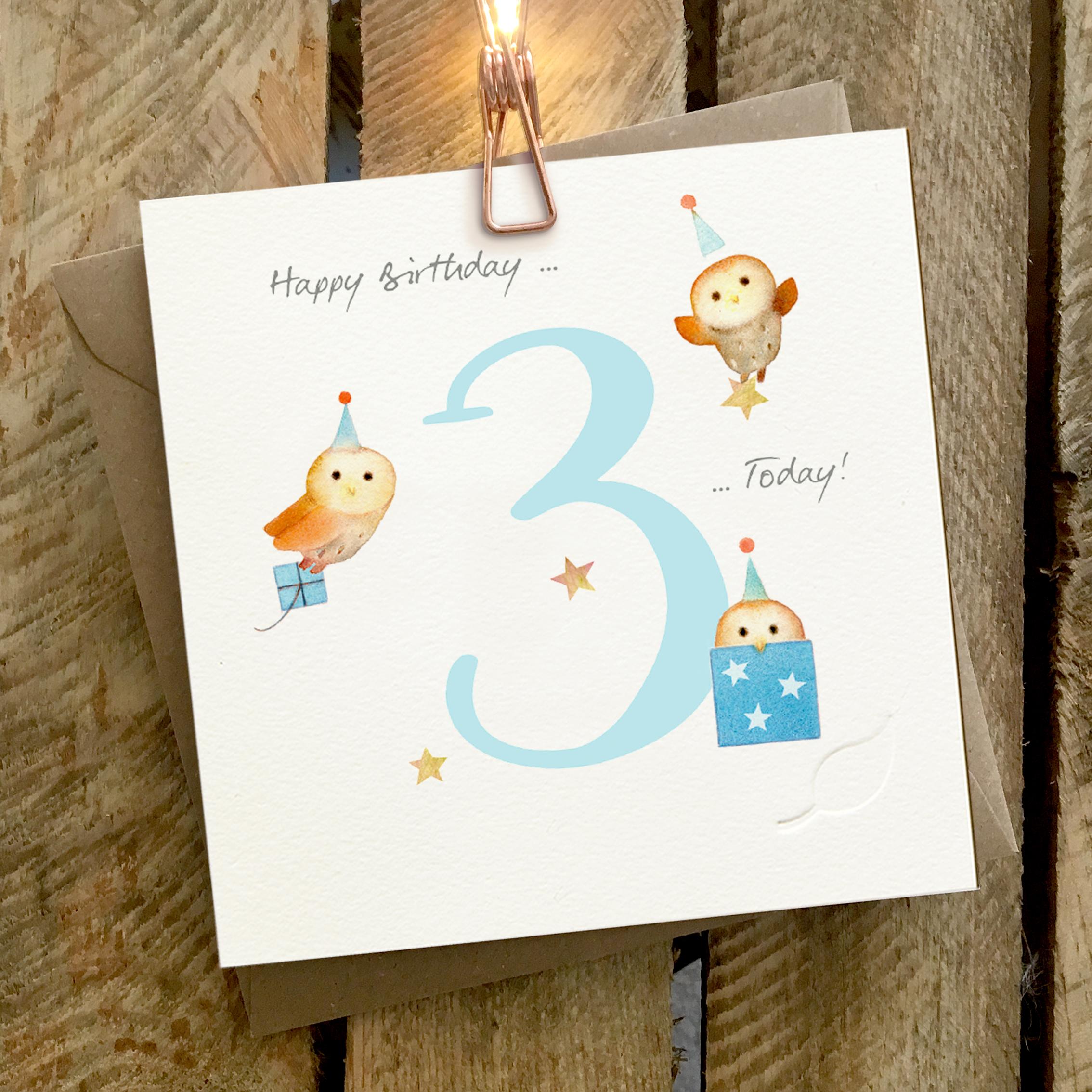 Card featuring three little owls with a large blue number 3