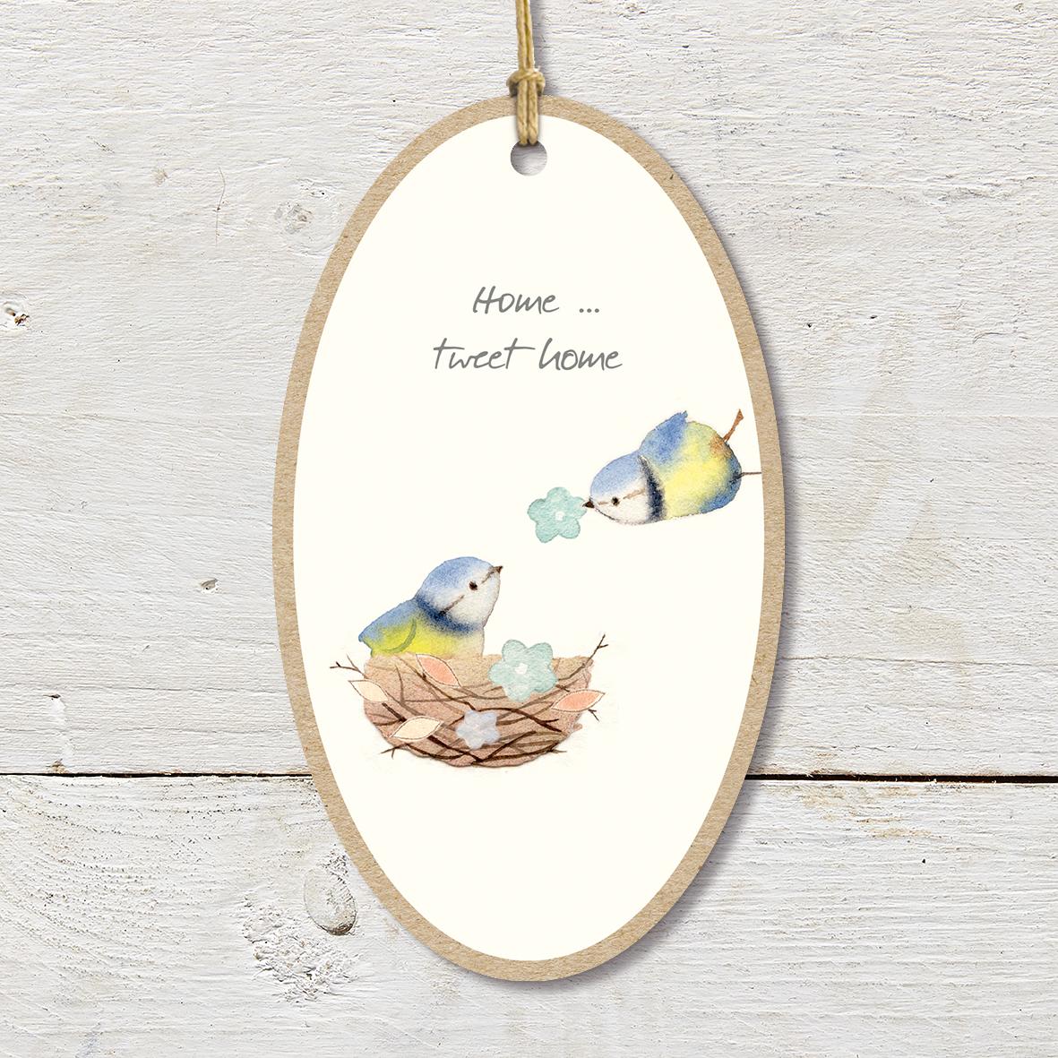 Large Wooden Plaque featuring two cute nesting blue tits with a ’Home… tweet home’ caption.