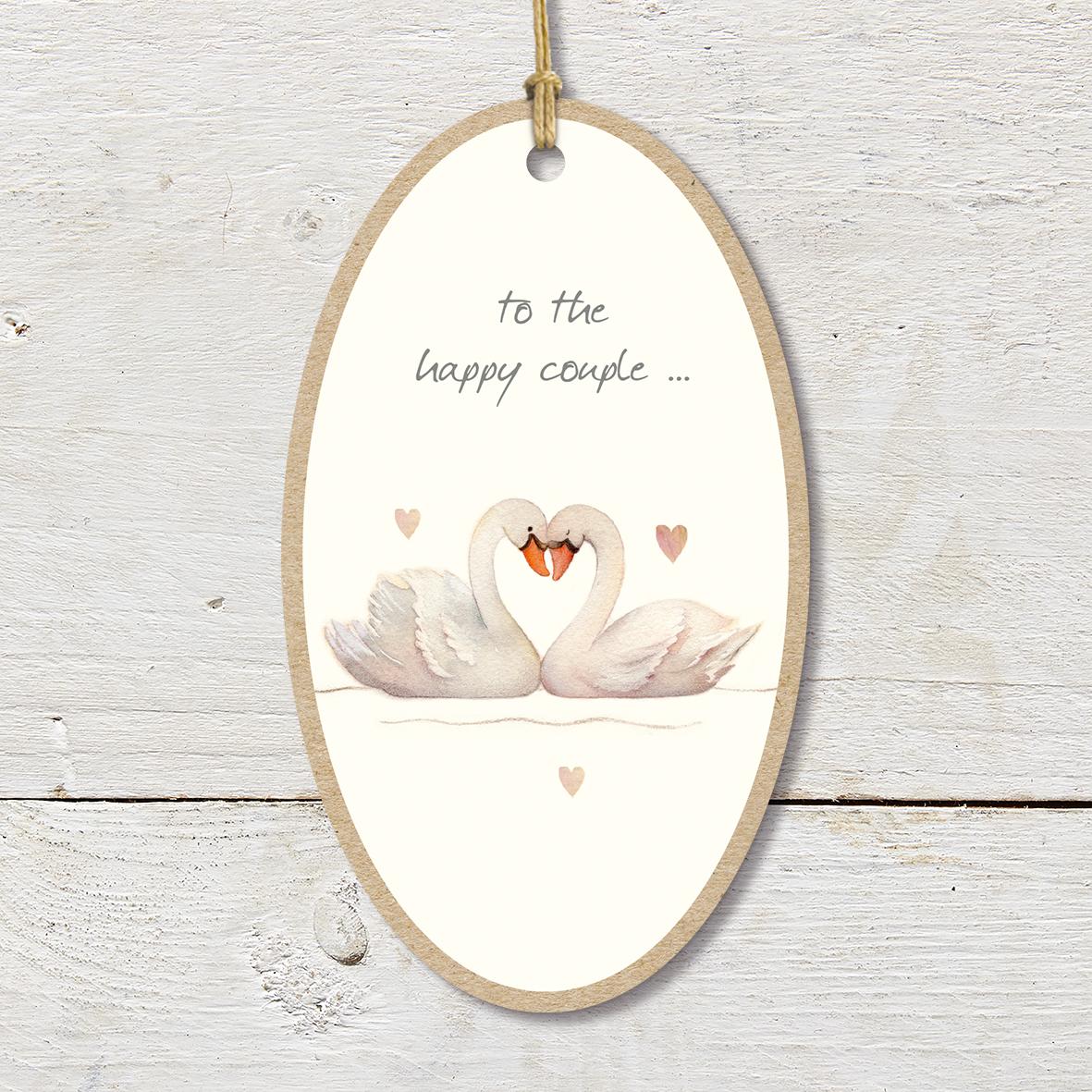 Large Wooden Plaque featuring a cute swan couple and hearts with a ’To the happy couple’ caption.