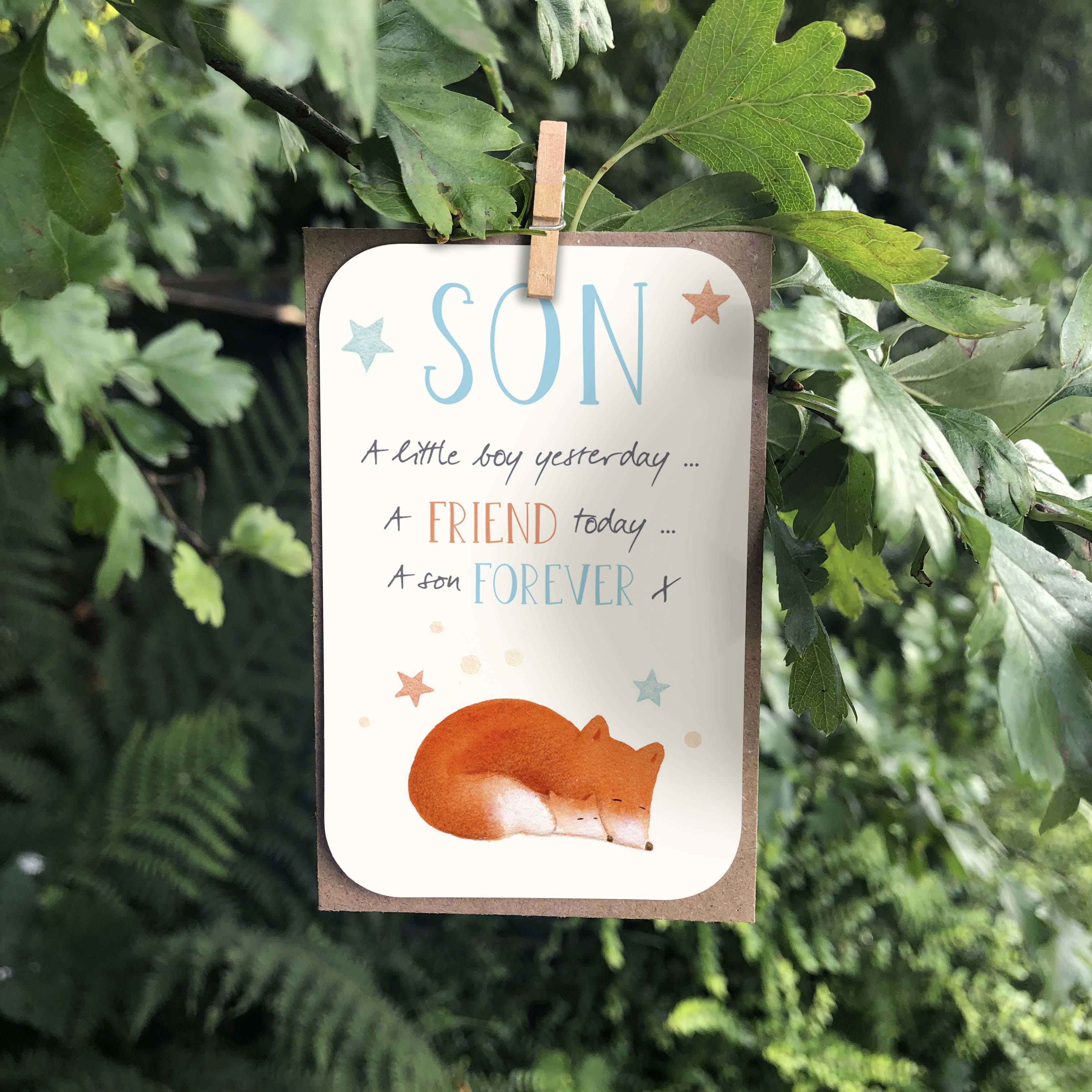 A small keepsake card with a sentimental “Son” message, and an illustration of cute fox and baby fox cub.
