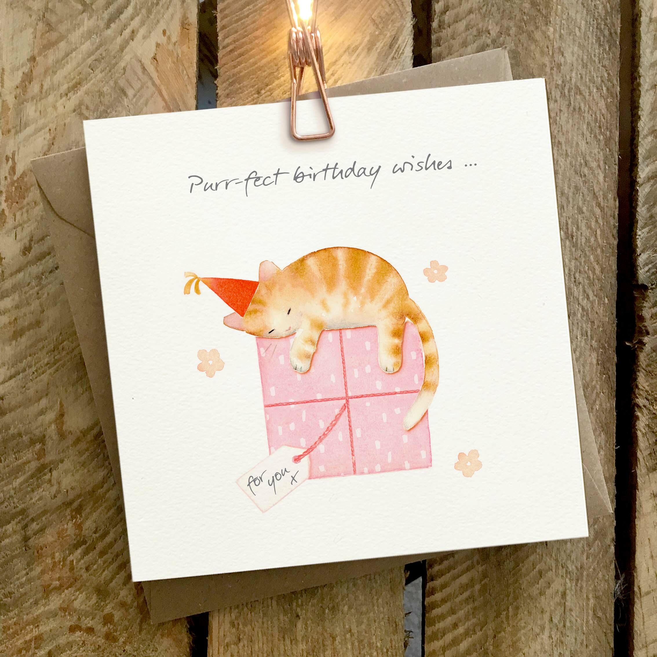 Card featuring a ginger cat sleeping on a large pink present. Caption reads ‘Purrfect Birthday Wishes’.