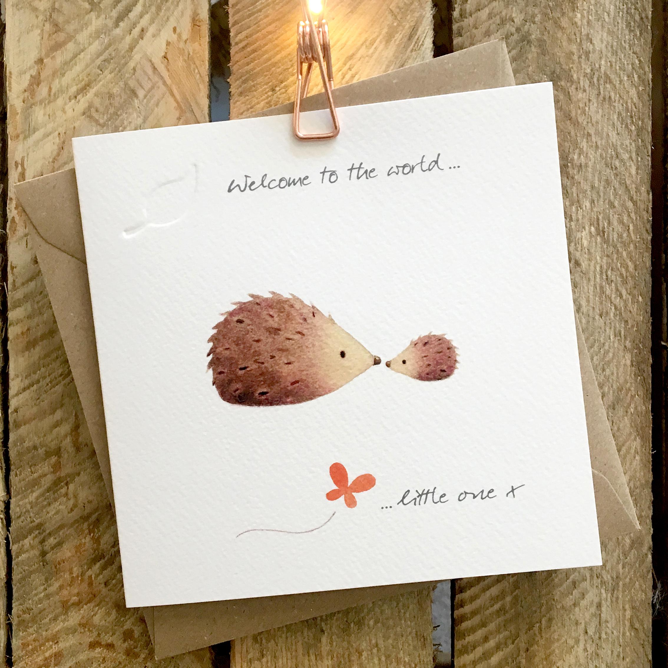 Card featuring cute adult and tiny baby hedgehog rubbing noses