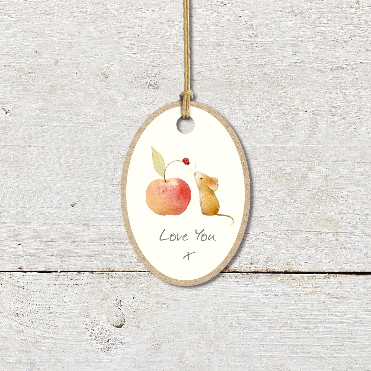 Small Wooden Keepsake Plaque/Tag featuring a cute mouse and apple with a ’Love You X’ caption.