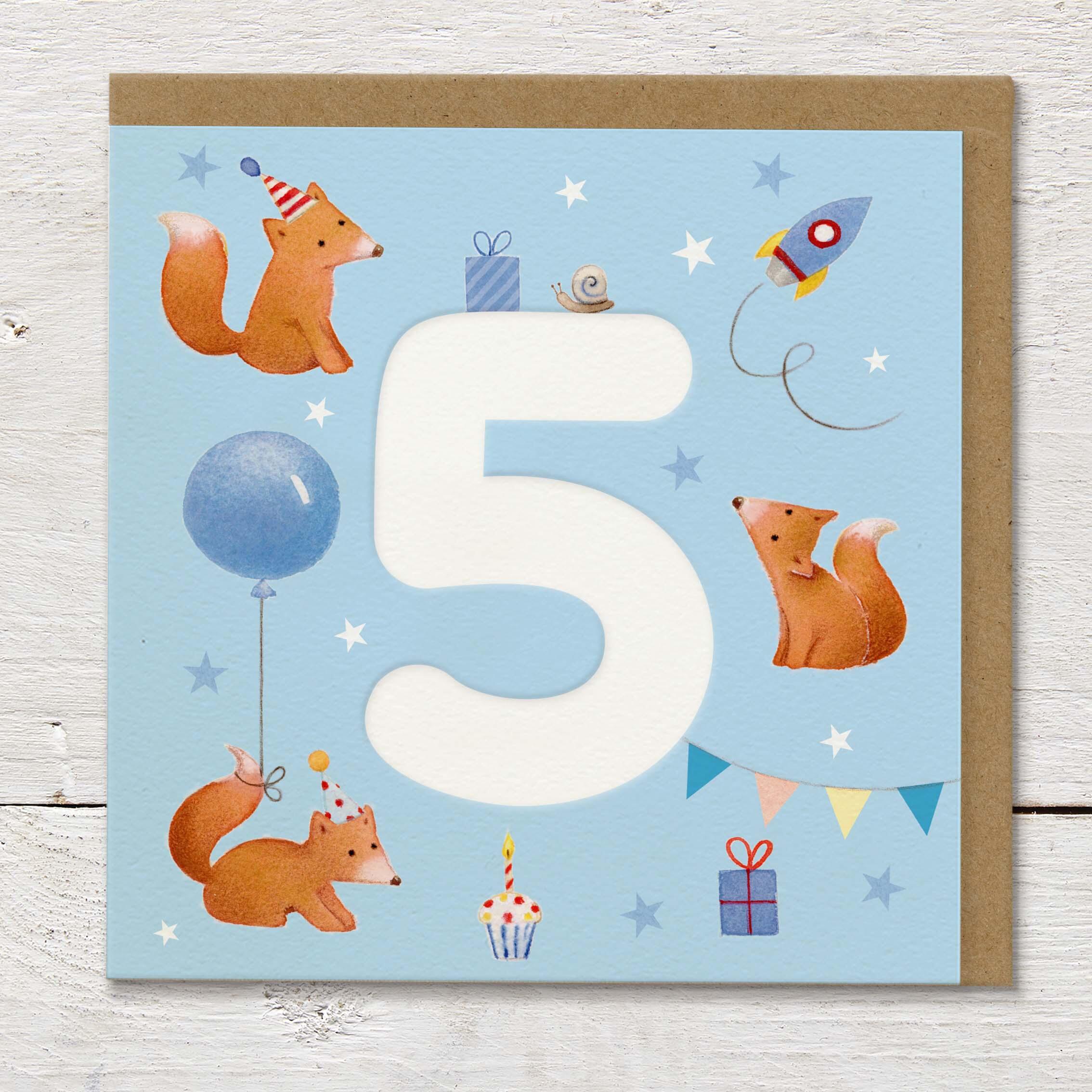 Children's age card featuring a large debossed age 5 surrounded by cute foxes and party elements on a pale blue background.
