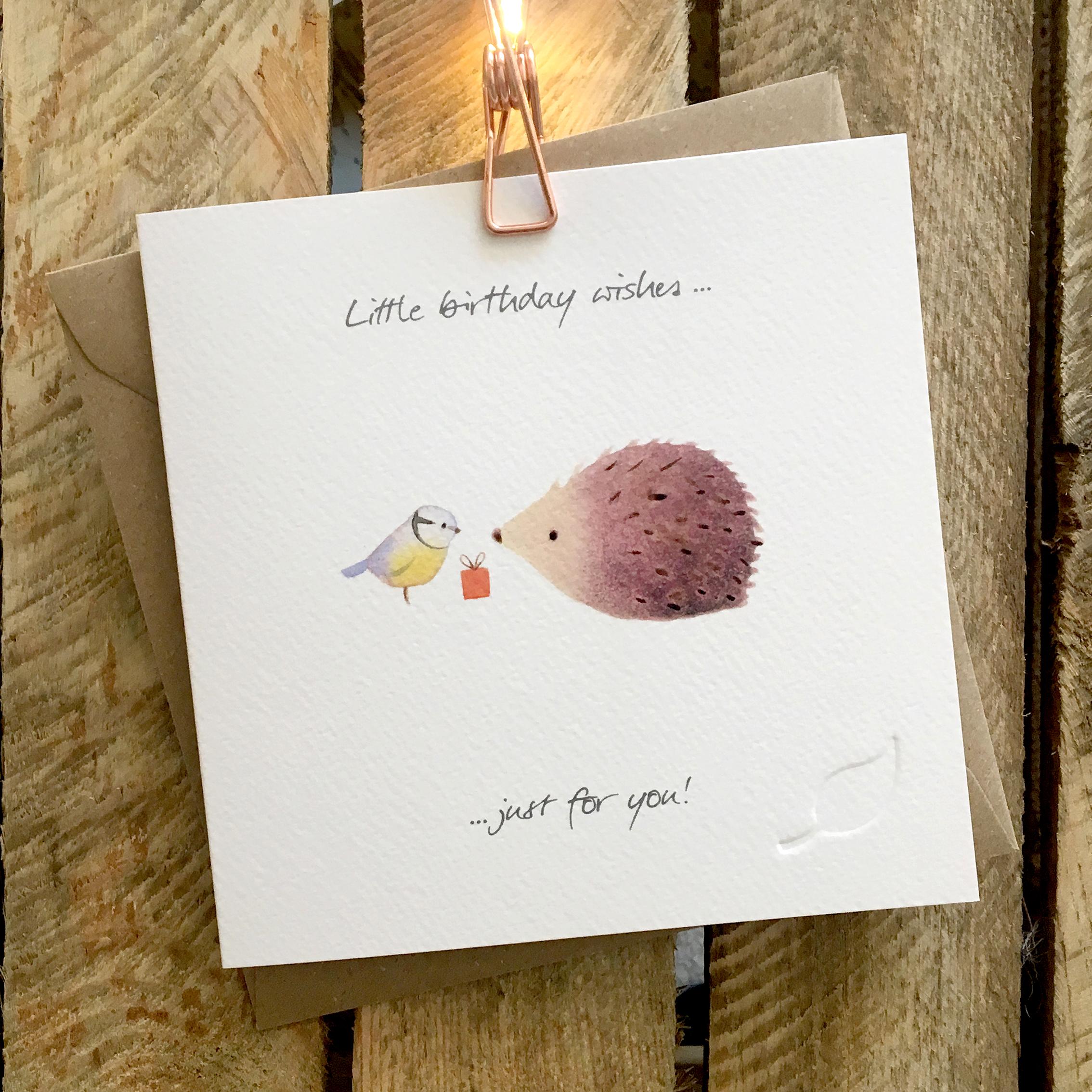 Card featuring cute hedgehog and blue tit