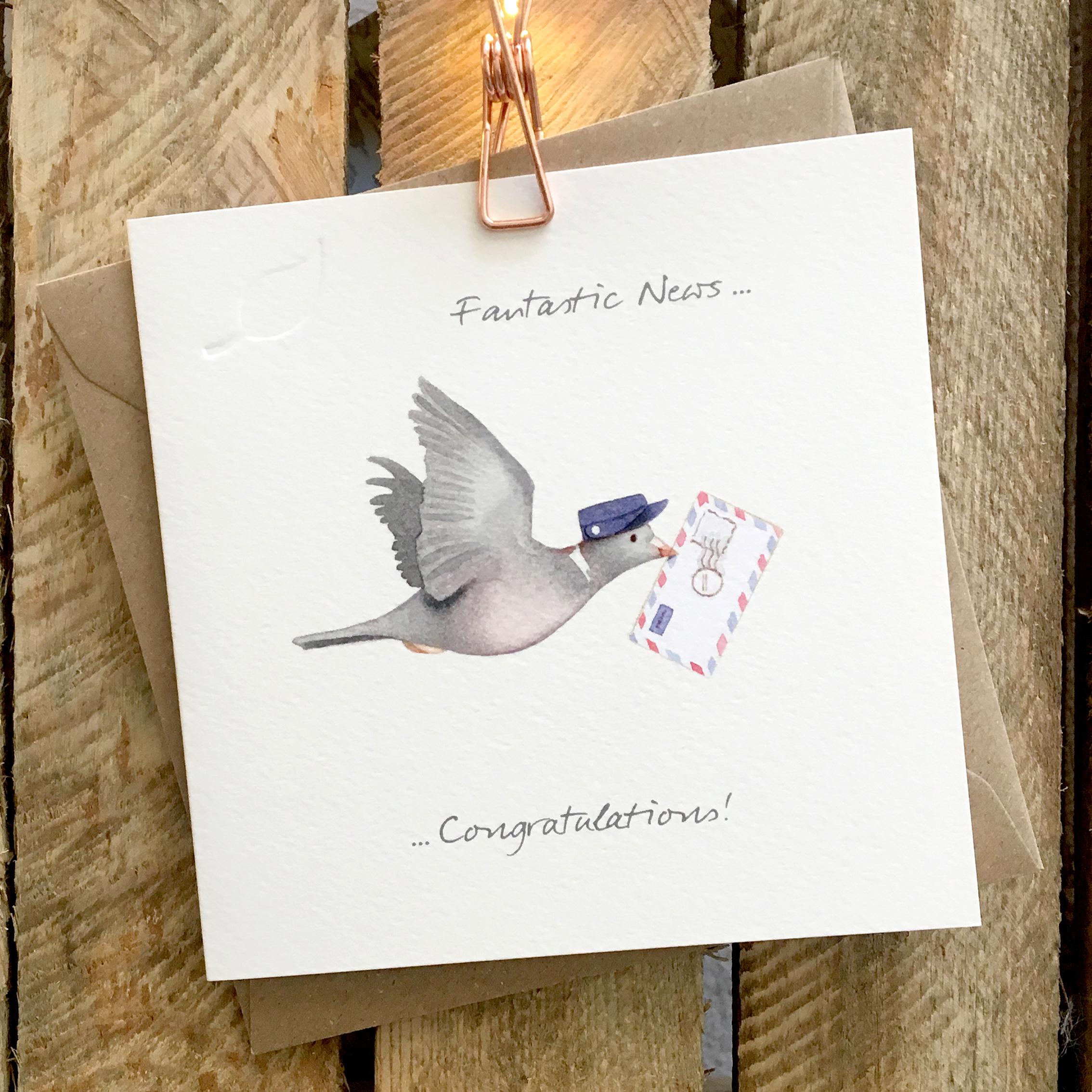 Card featuring cute flying pigeon, wearing a postman's hat, and carrying an airmail letter