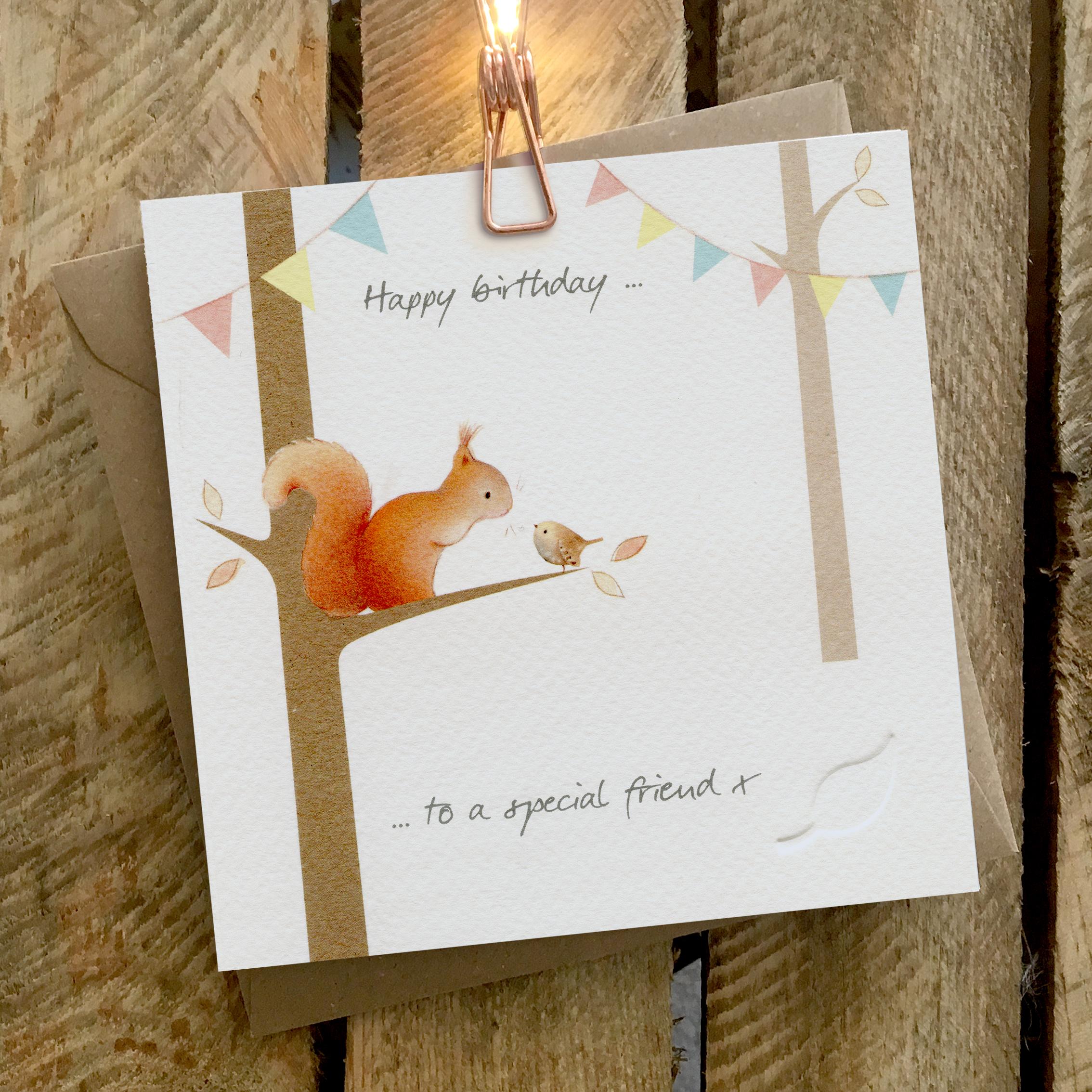 Card featuring a squirrel and a wren sitting on a tree branch