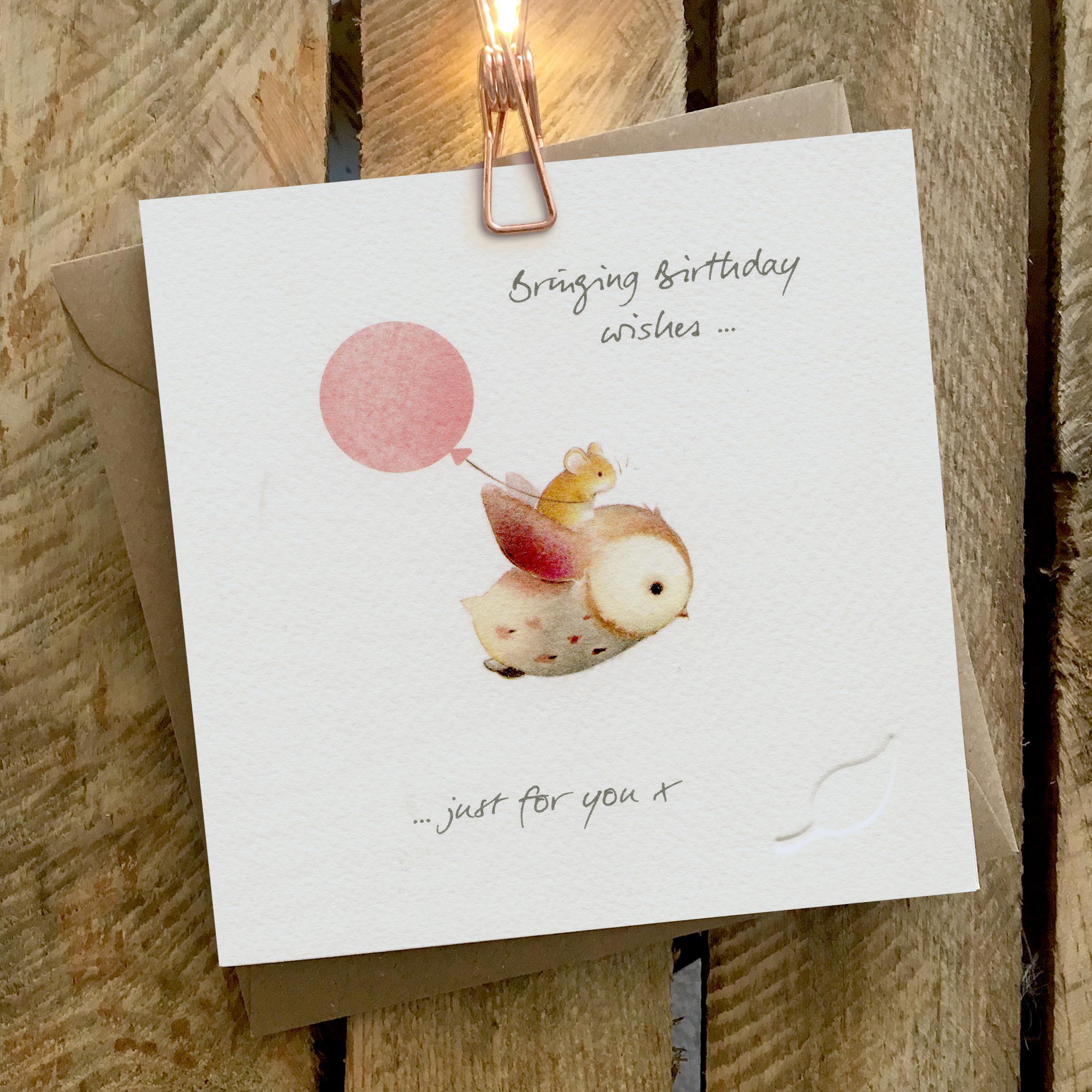Card featuring a mouse carrying a red balloon, and riding on a flying Owl