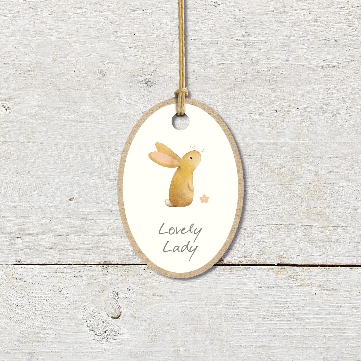 Small Wooden Keepsake Plaque/Tag featuring a cute rabbit with a ’Lovely Lady’ caption.