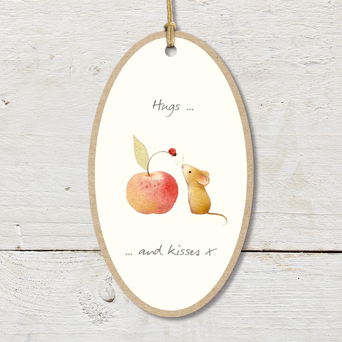 Large Wooden Plaque featuring a cute mouse and red apple with a ’Hugs… and kisses X’ caption.
