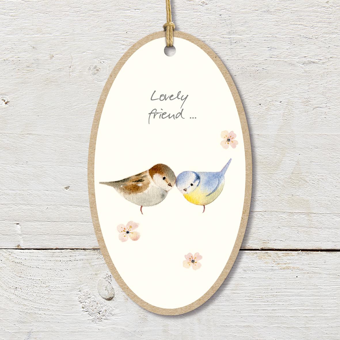 Large Wooden Plaque featuring two cute birds with a ’Lovely Friend’ caption.