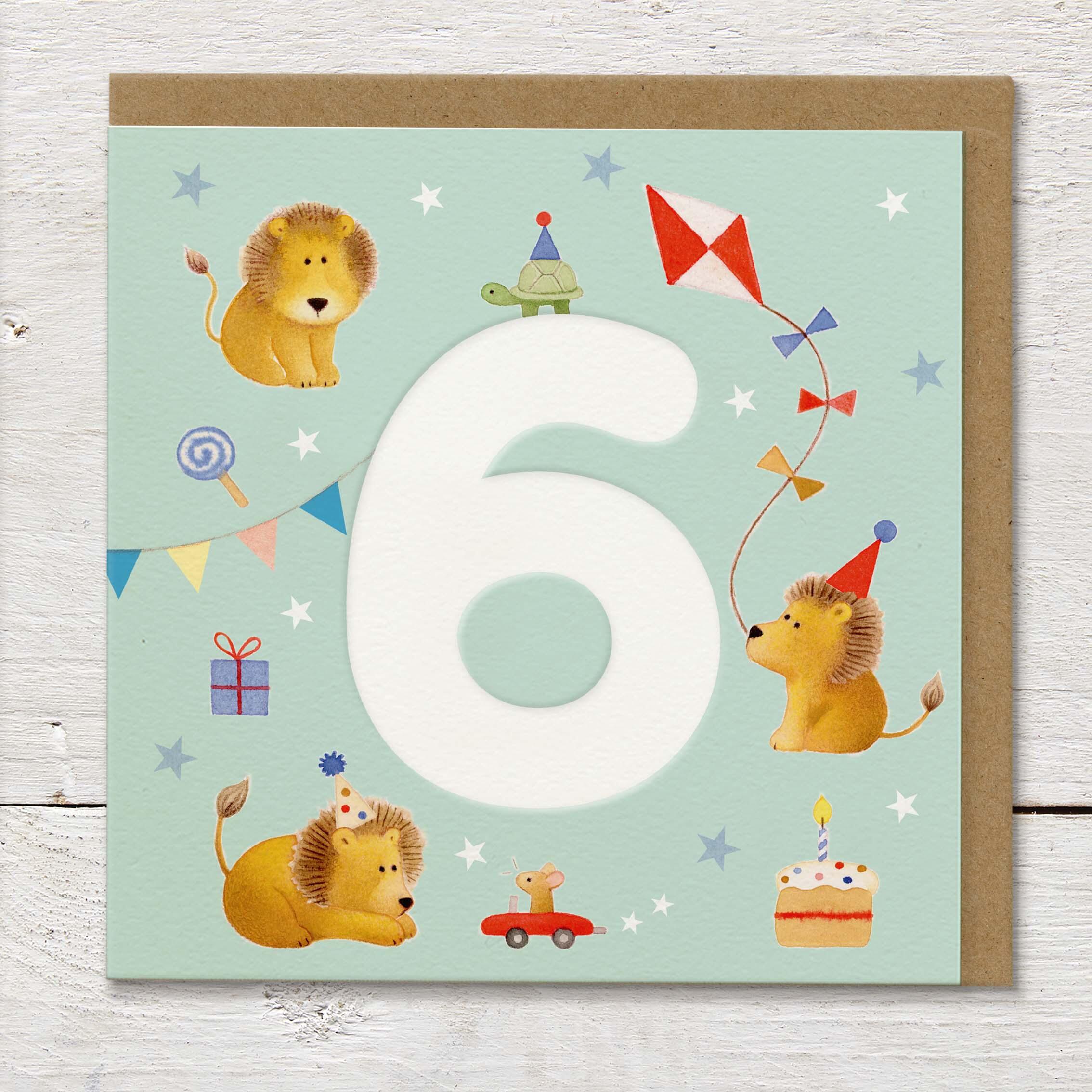 Children's age card featuring a large debossed age 6 surrounded by cute lions and party elements on a pale peach background.
