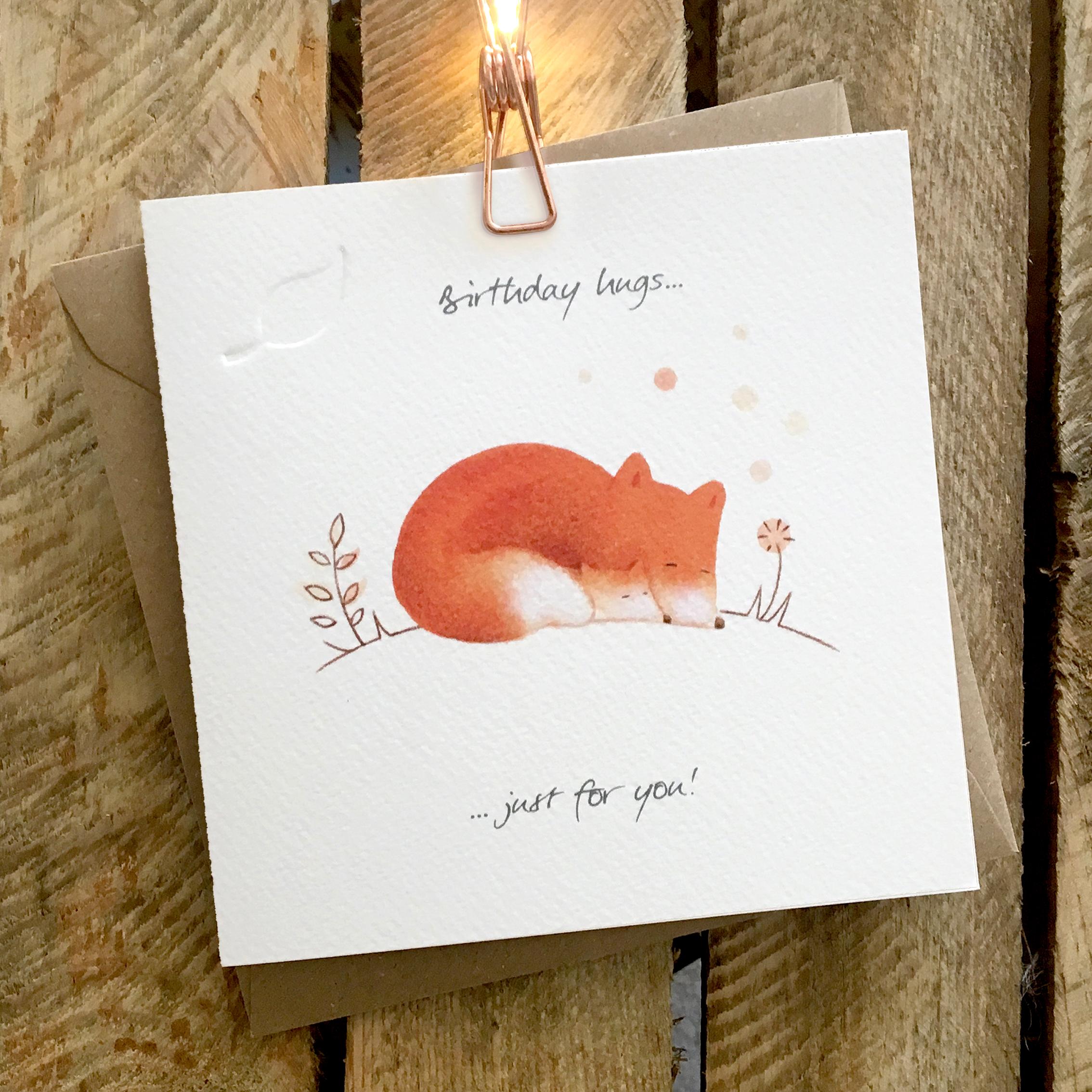 Card featuring cute fox and fox cub snuggled up sleeping
