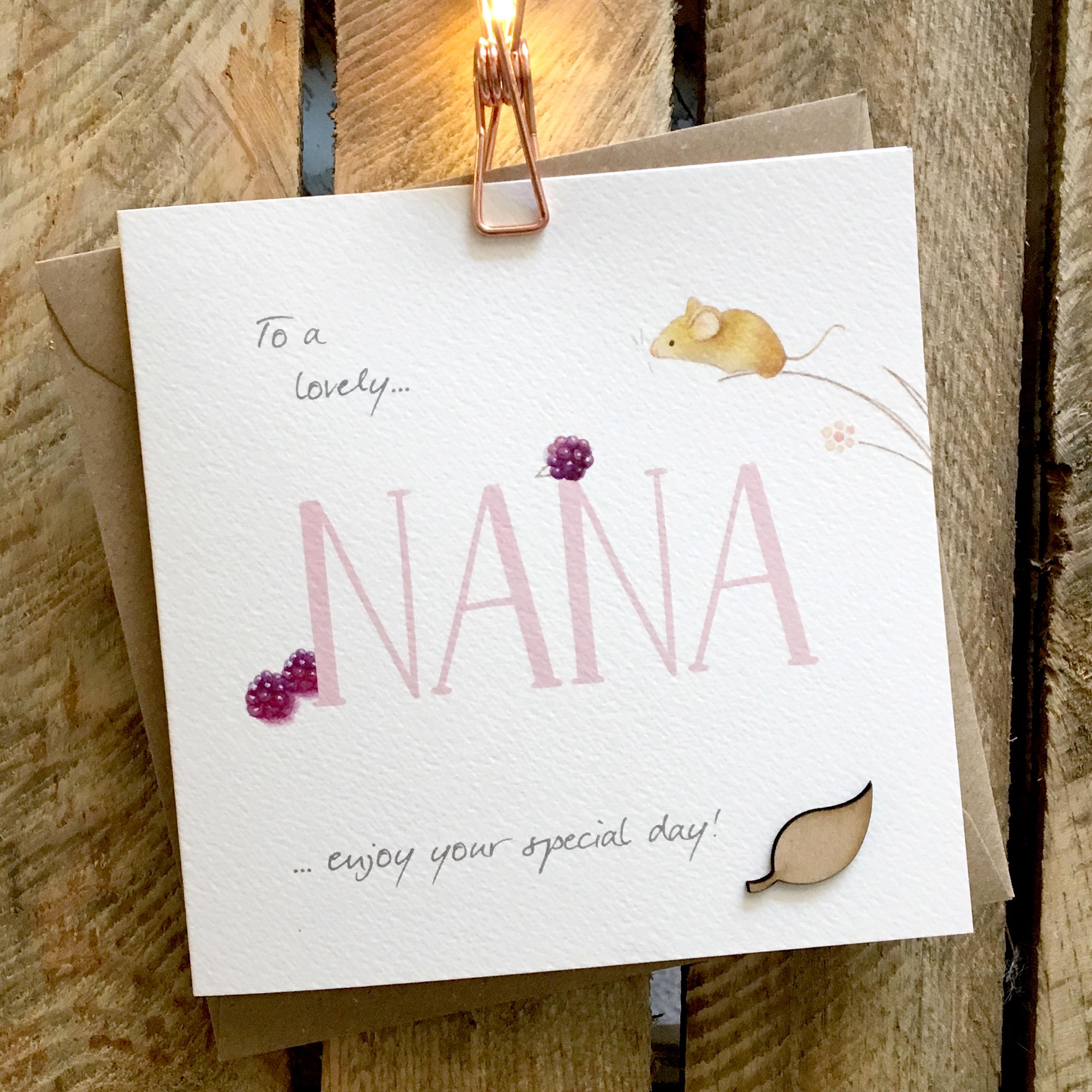 Card featuring a tiny cute field mouse with a large NANA caption