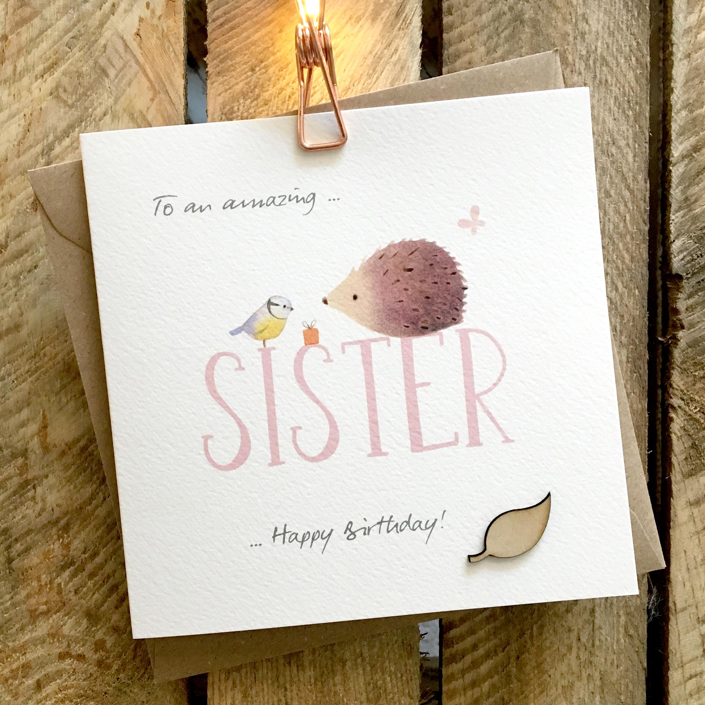 Card featuring a cute hedgehog and blue tit sitting on top of a large SISTER caption
