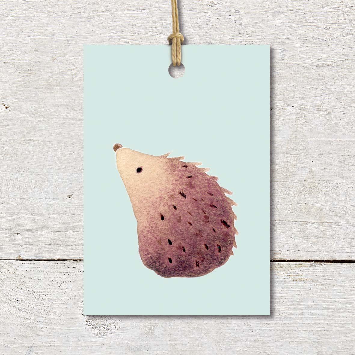 Gift Tag featuring a cute hedgehog on a pale aqua background.