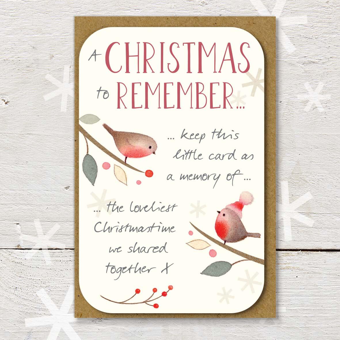 Christmas keepsake card with a ‘A Christmas to Remember’ caption, featuring two cute robin friends and a lovely little Christmas verse.