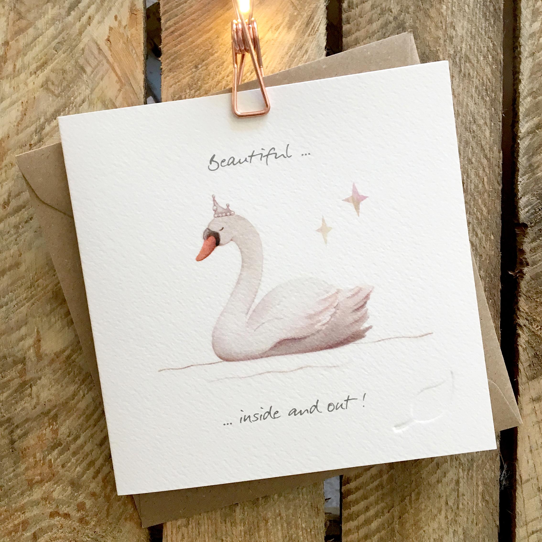 Card featuring a beautiful swan wearing a tiara
