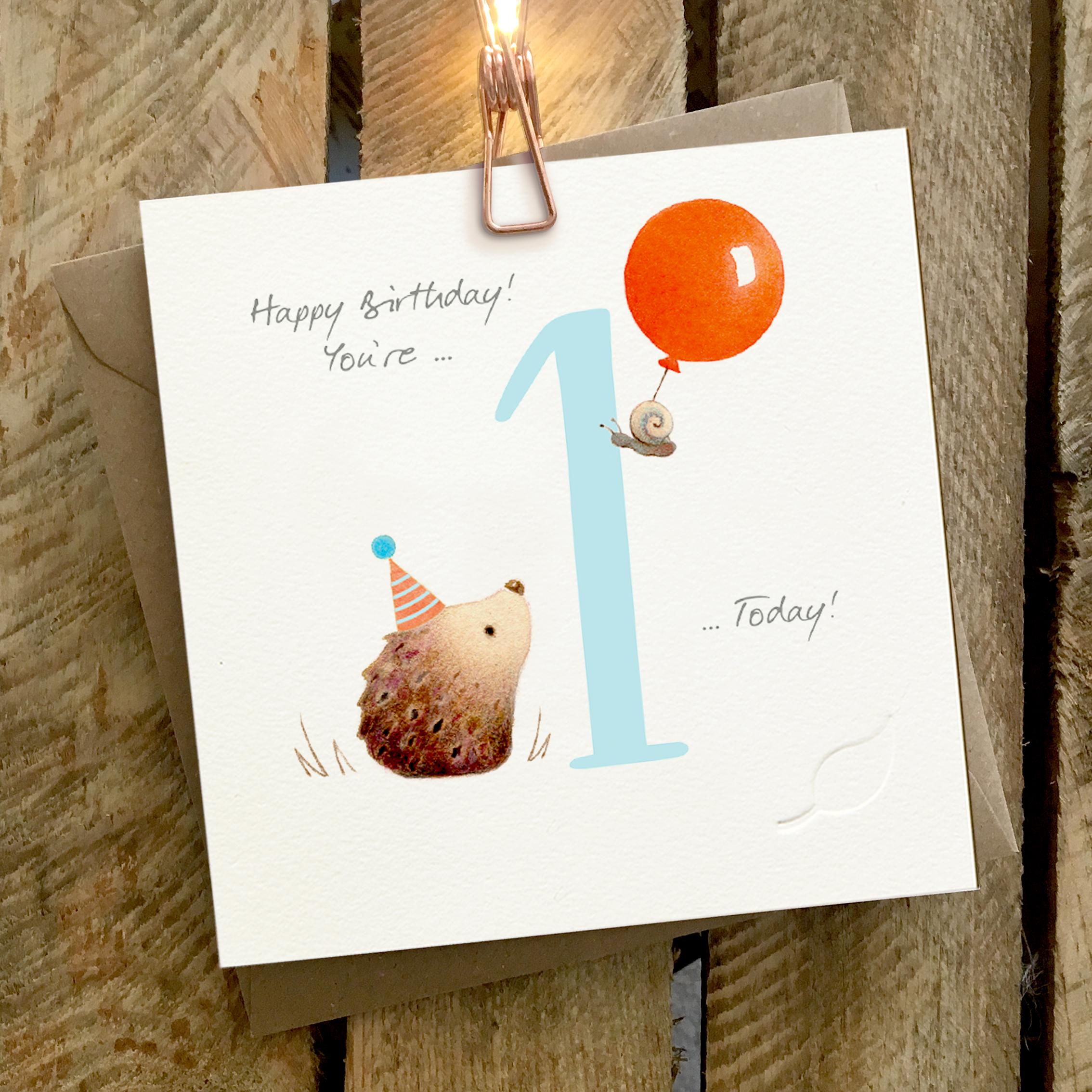 Card featuring a hedgehog and snail with a large blue number 1